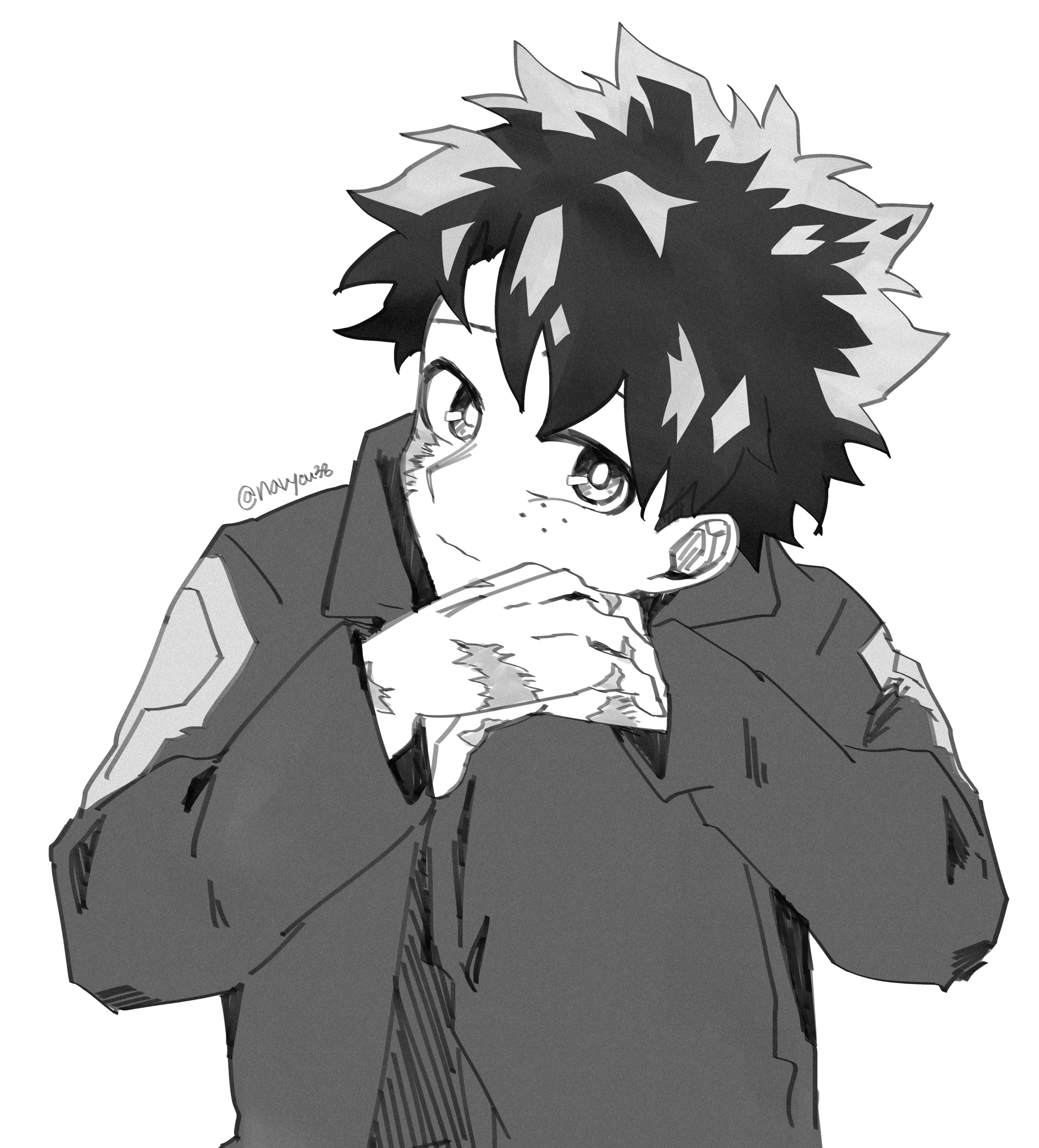 midoriya izuku, boku no hero academia, absurdres, commentary request, highres, korean commentary, 1boy, closed mouth, facial scar, freckles, jacket, long sleeves, looking to the side, male focus, multiple scars, navyou38, scar, scar on cheek, scar on face, scar on hand, short hair, simple background, solo, twitter username, white background