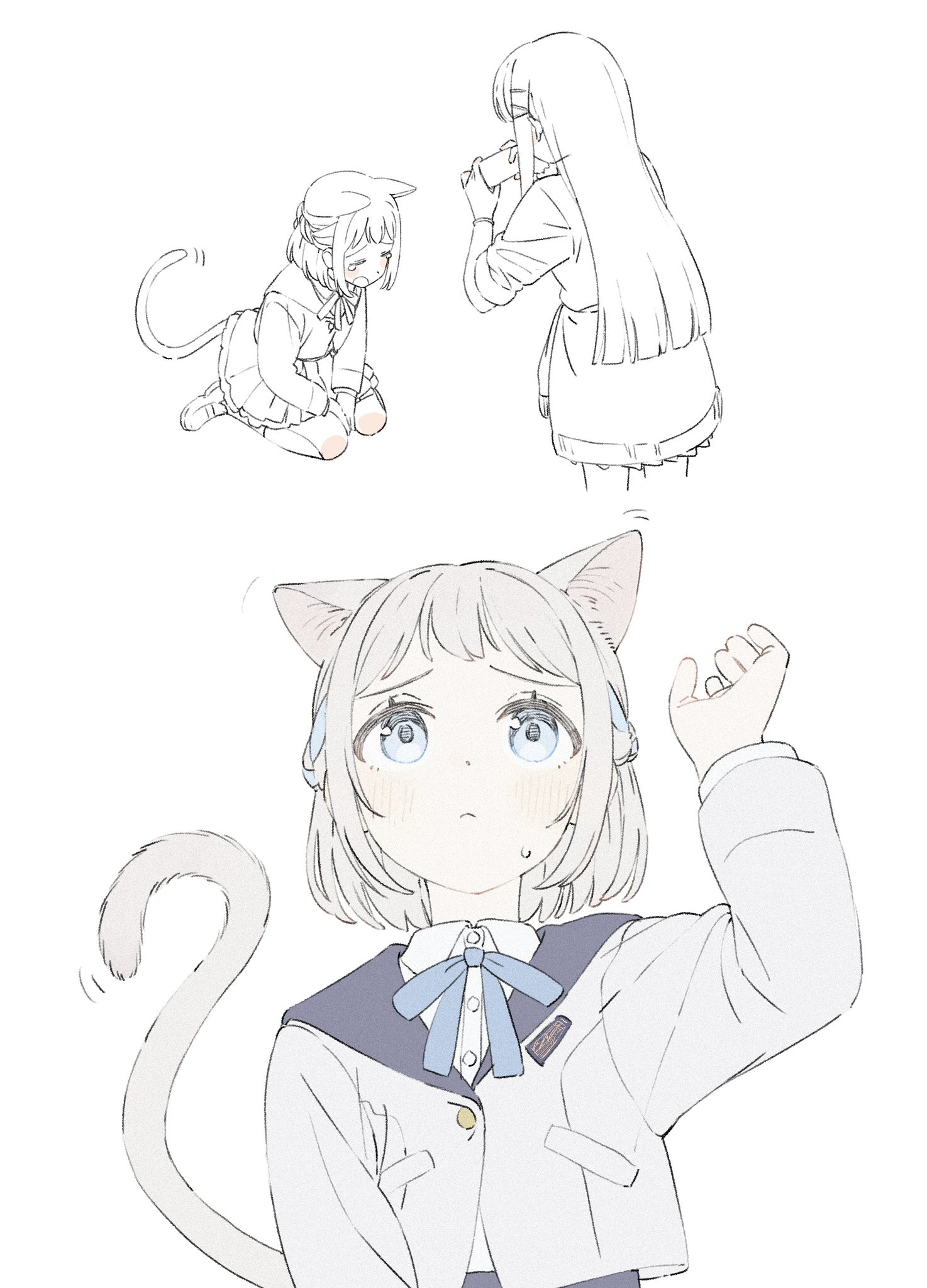 tenohira (tenoo), katsuragi lilja, shiun sumika, gakuen idolmaster, idolmaster, commentary, highres, 2girls, animal ears, blue eyes, blue ribbon, blush, braid, cat ears, cat girl, cat tail, collared shirt, dress shirt, frown, grey hair, grey jacket, gyaru, hair ribbon, half up braid, hatsuboshi gakuen school uniform, jacket, kemonomimi mode, long hair, long sleeves, miniskirt, motion lines, multiple girls, neck ribbon, open mouth, pleated skirt, raised inner eyebrows, ribbon, ribbon braid, school uniform, shirt, short hair, sitting, skirt, sleeves pushed up, standing, sweatdrop, tail, taking picture, tearing up, wariza, white shirt
