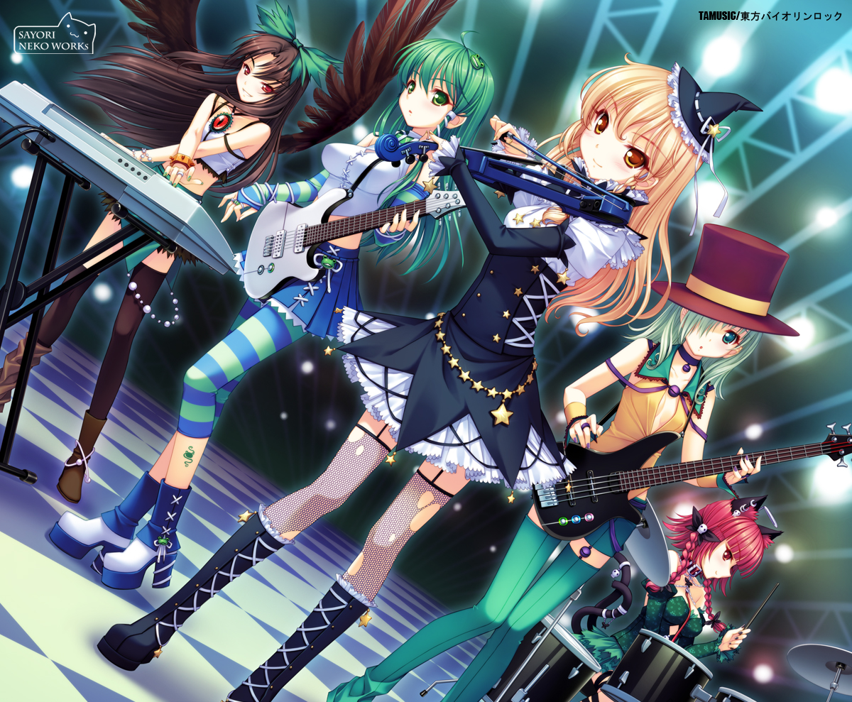 sayori (neko works), kaenbyou rin, kirisame marisa, kochiya sanae, komeiji koishi, reiuji utsuho, touhou, torn legwear, 5girls, animal ears, asymmetrical clothes, asymmetrical footwear, band (music), bass guitar, black nails, blonde hair, boots, braid, brown hair, cat ears, cat girl, drum, drum set, earrings, electric violin, female focus, fingerless gloves, fishnets, gloves, green hair, green nails, guitar, hair over one eye, hat, instrument, jewelry, keyboard (instrument), knee boots, mini hat, mini top hat, mismatched footwear, multiple girls, nail polish, orange nails, purple nails, red hair, star (symbol), striped clothes, striped gloves, thighhighs, top hat, torn clothes, violin, white nails, wings
