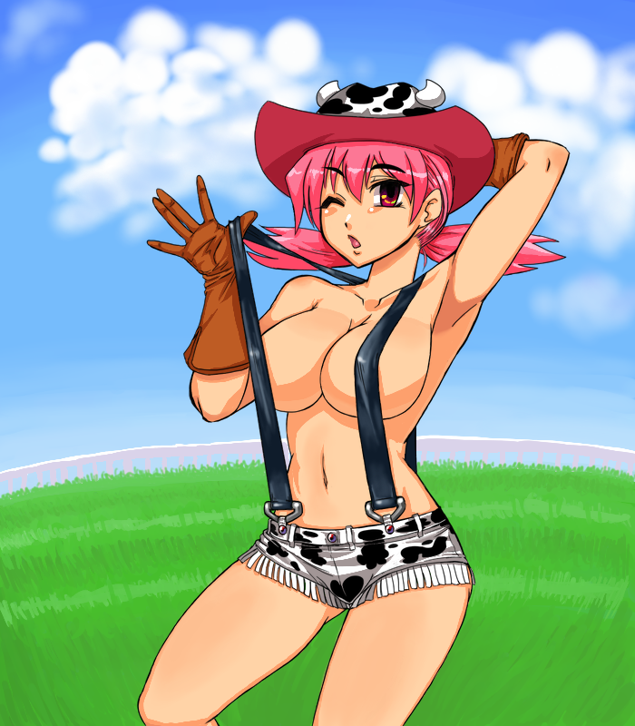 kitsune-tsuki (getter), whitney (pokemon), nintendo, pokemon, pokemon gsc, bad id, bad pixiv id, tagme, 1990s (style), 1girl, animal print, arm behind head, armpits, breasts, cloud, cow horns, cow print, cowboy hat, cowboy shot, cowboy western, fake horns, female focus, fringe trim, gloves, grass, gym leader, hat, horns, large breasts, looking at viewer, medium breasts, naked suspenders, one eye closed, outdoors, pink hair, retro artstyle, revealing clothes, short shorts, shorts, sky, solo, standing, suspenders, topless female, twintails, wink