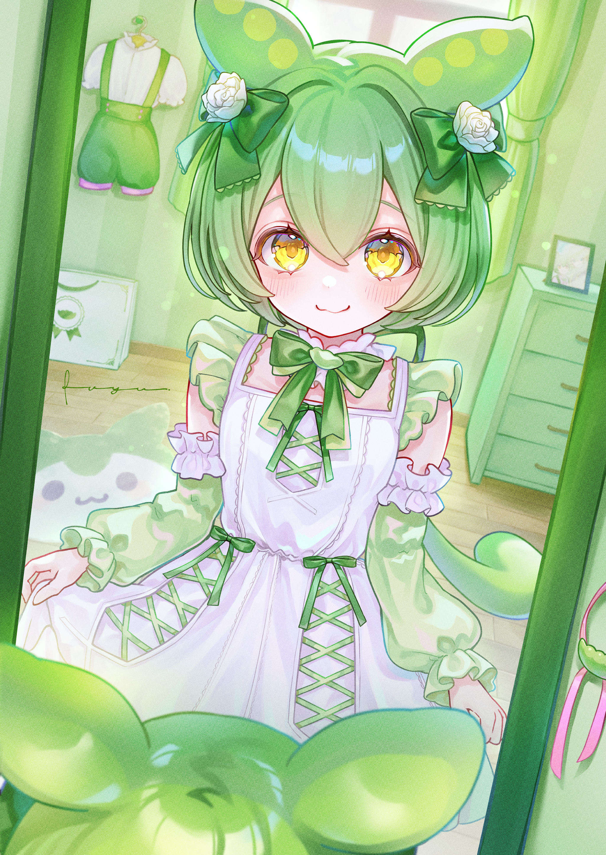 fuyu (xxfylia), zundamon, voicevox, absurdres, clip studio paint (medium), commentary request, highres, 1girl, blush, bow, closed mouth, curtains, day, detached sleeves, dress, frilled sleeves, frills, green bow, green hair, green shorts, green sleeves, hair between eyes, hair bow, hair intakes, indoors, lolita fashion, long sleeves, puffy long sleeves, puffy sleeves, reflection, shirt, shorts, signature, smile, solo, sunlight, suspender shorts, suspenders, unworn shirt, unworn shorts, white dress, white shirt, window, yellow eyes