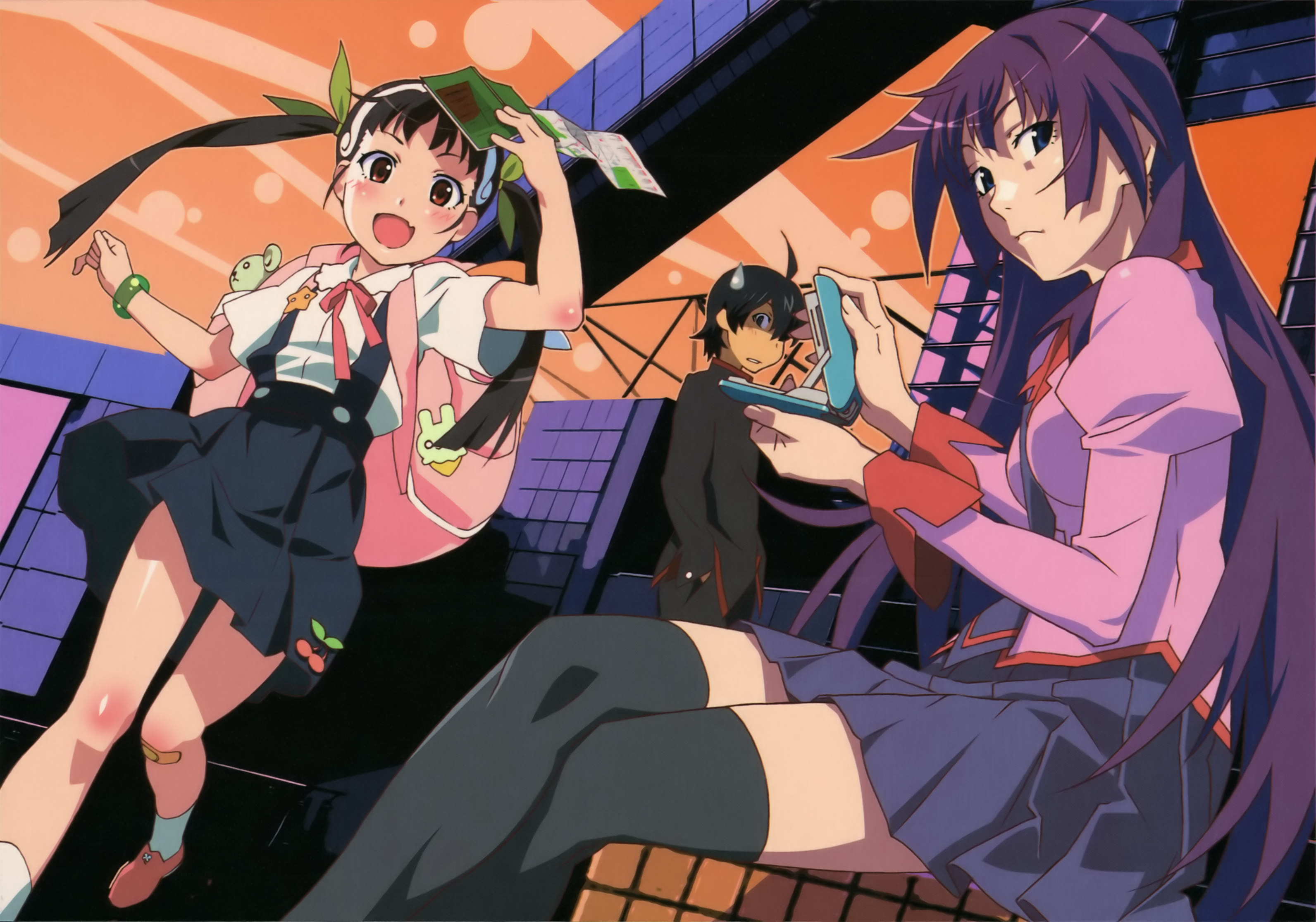 watanabe akio, araragi koyomi, hachikuji mayoi, senjougahara hitagi, bakemonogatari, monogatari (series), cleaned, highres, official art, scan, 00s, 1boy, 2girls, black hair, black skirt, blush, crossed legs, long hair, long sleeves, looking at viewer, multiple girls, pleated skirt, school uniform, serafuku, short sleeves, skirt, stapler, suspender skirt, suspenders, tareme, thighhighs, very long hair, zettai ryouiki