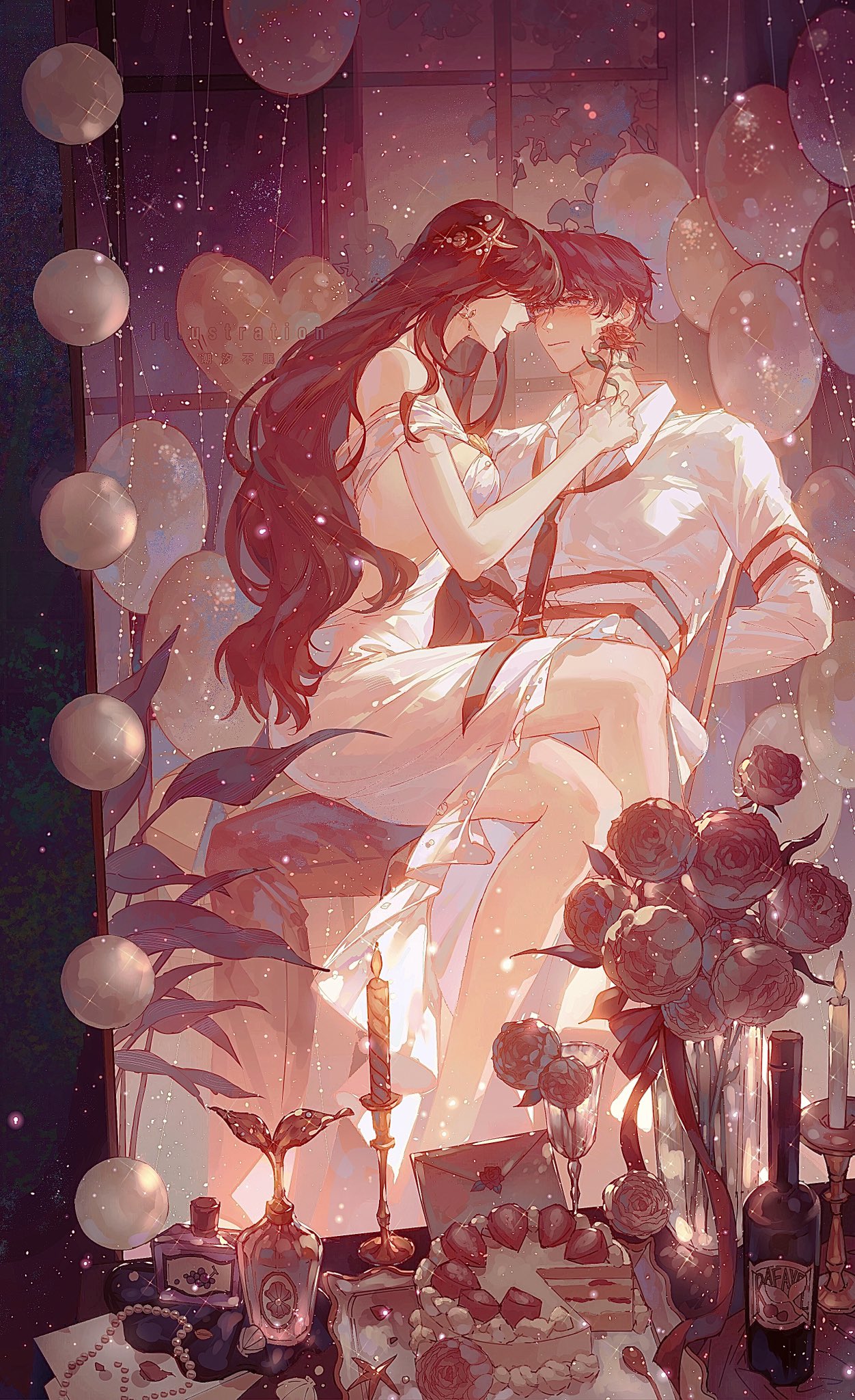 chaoxibumian, protagonist (love and deepspace), rafayel (love and deepspace), love and deepspace, commentary, highres, symbol-only commentary, 1boy, 1girl, arms behind back, balloon, birthday cake, black hair, bottle, breasts, cake, candle, chair, collared shirt, couple, crossed legs, dress, earrings, flower, food, grey pants, hair ornament, hetero, holding, holding flower, jewelry, light blush, long hair, looking at another, medium breasts, necklace, off-shoulder dress, off shoulder, pants, parted lips, pearl necklace, perfume bottle, purple hair, red flower, red rose, restrained, rose, shirt, short dress, short hair, sitting, sitting on lap, sitting on person, starfish hair ornament, vase, white dress, white shirt, wine bottle