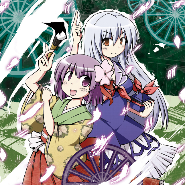 kousei (public planet), publicplanet, hieda no akyuu, kamishirasawa keine, touhou, bad id, bad pixiv id, 2girls, :d, animal, blue dress, blush, bug, butterfly, dress, female focus, insect, long hair, looking at viewer, multiple girls, open mouth, purple eyes, purple hair, red eyes, smile, tareme, very long hair, wheel, white hair