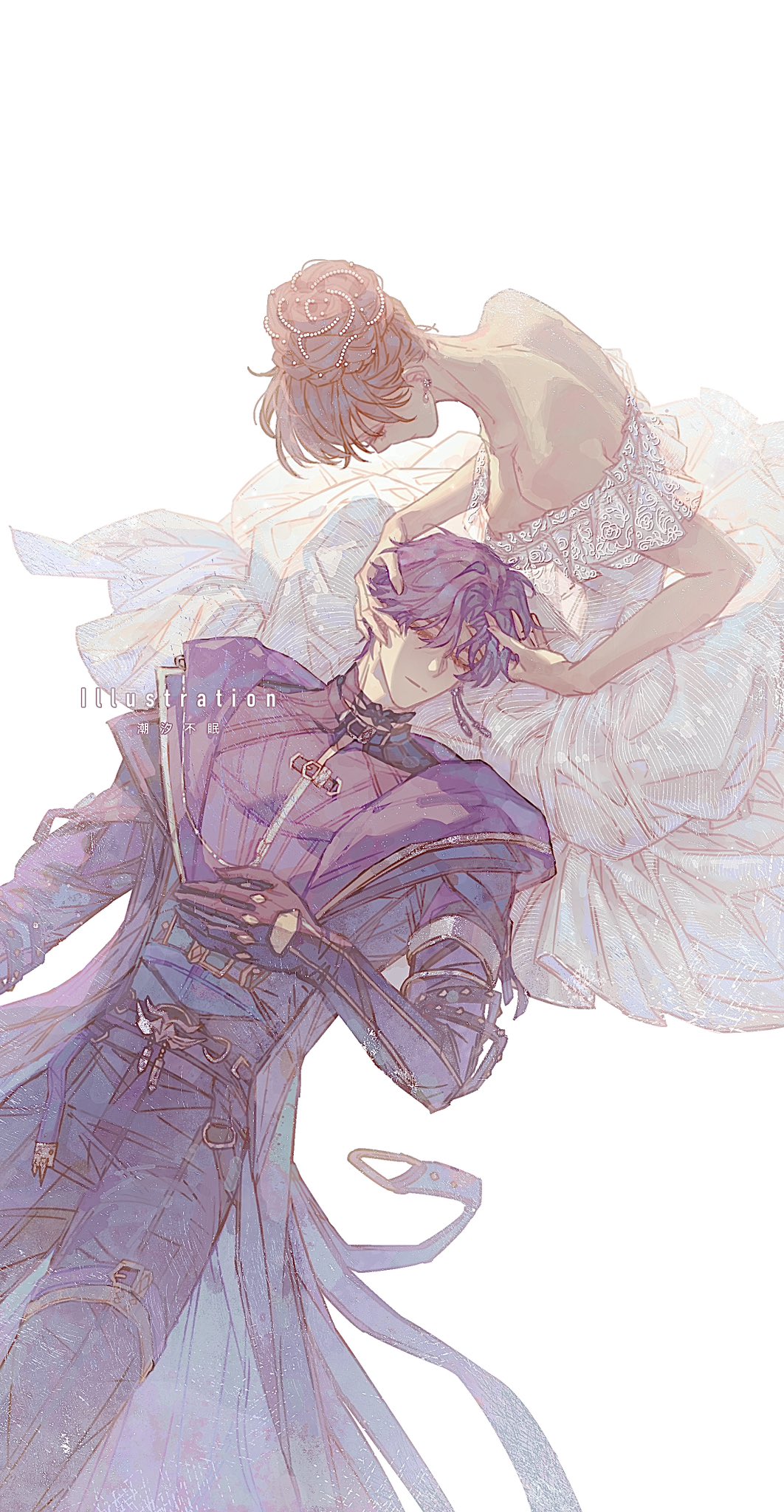 chaoxibumian, protagonist (love and deepspace), rafayel (love and deepspace), love and deepspace, commentary request, highres, 1boy, 1girl, black gloves, black pants, brown hair, closed eyes, coat, couple, dress, gloves, hair between eyes, hair bun, hand on own chest, hands in another's hair, hetero, lap pillow, long coat, long dress, long hair, off-shoulder dress, off shoulder, pants, purple coat, purple hair, short hair, updo, white background, white dress