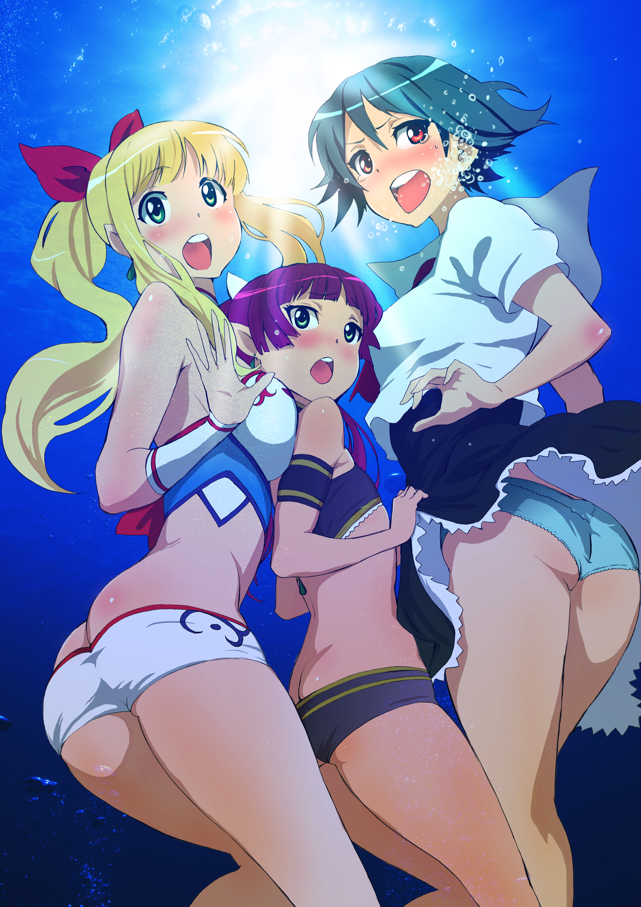 marin (marine-sky-earth), nekoi mie, marin (umi monogatari), miyamori kanon, urin (umi monogatari), umi monogatari, absurdres, highres, 00s, 3girls, ass, asymmetrical hair, bikini, blonde hair, blue hair, blue panties, blush, bow, butt crack, freediving, green eyes, hair bow, long hair, looking back, midriff, multiple girls, open mouth, panties, pantyshot, ponytail, purple hair, red eyes, red hair, school uniform, serafuku, short hair, shorts, swimsuit, twintails, underwater, underwear, very long hair