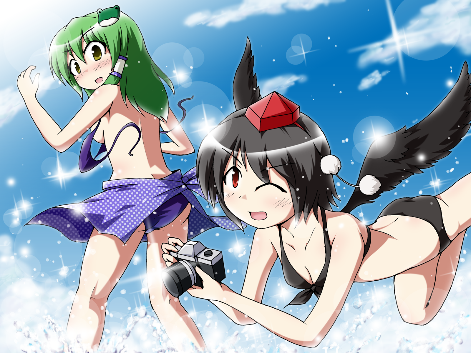 kousei (public planet), publicplanet, kochiya sanae, shameimaru aya, touhou, highres, 2girls, bikini, black hair, black wings, blush, camera, day, female focus, front-tie top, green hair, hat, multiple girls, one eye closed, sarong, swimsuit, wardrobe malfunction, wings, wink