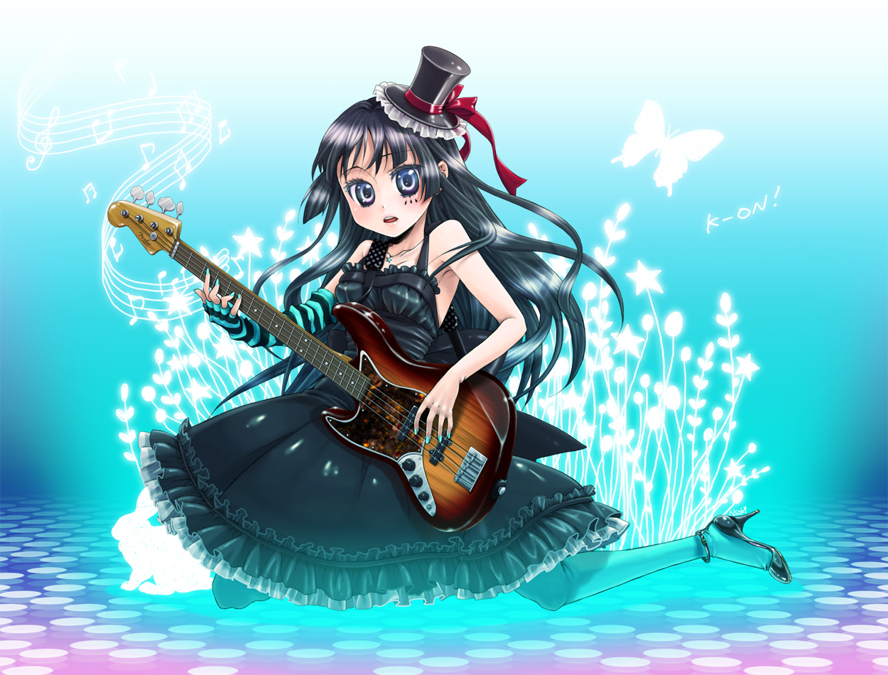 namisaki yuka, akiyama mio, don't say "lazy", k-on!, striped, 00s, 1girl, aqua nails, aqua pantyhose, bass guitar, black hair, blue eyes, blue pantyhose, bug, butterfly, dress, female focus, fingerless gloves, gloves, guitar, hat, high heels, insect, instrument, long hair, mini hat, mini top hat, nail polish, pantyhose, shoes, solo, top hat