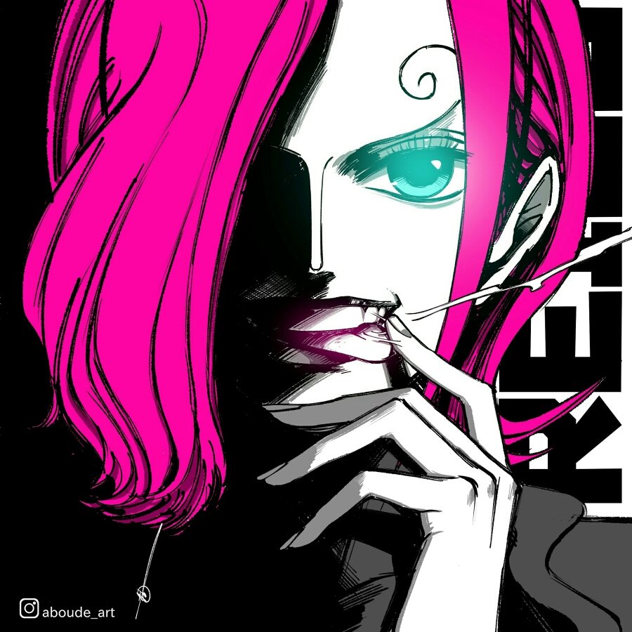 aboude art, vinsmoke reiju, one piece, 1girl, artist name, blue eyes, character name, curly eyebrows, finger to tongue, hair over one eye, instagram logo, instagram username, limited palette, lips, lipstick, looking at viewer, makeup, one eye covered, open mouth, pink hair, short hair, signature, smile, solo, spot color, teeth, tongue, tongue out
