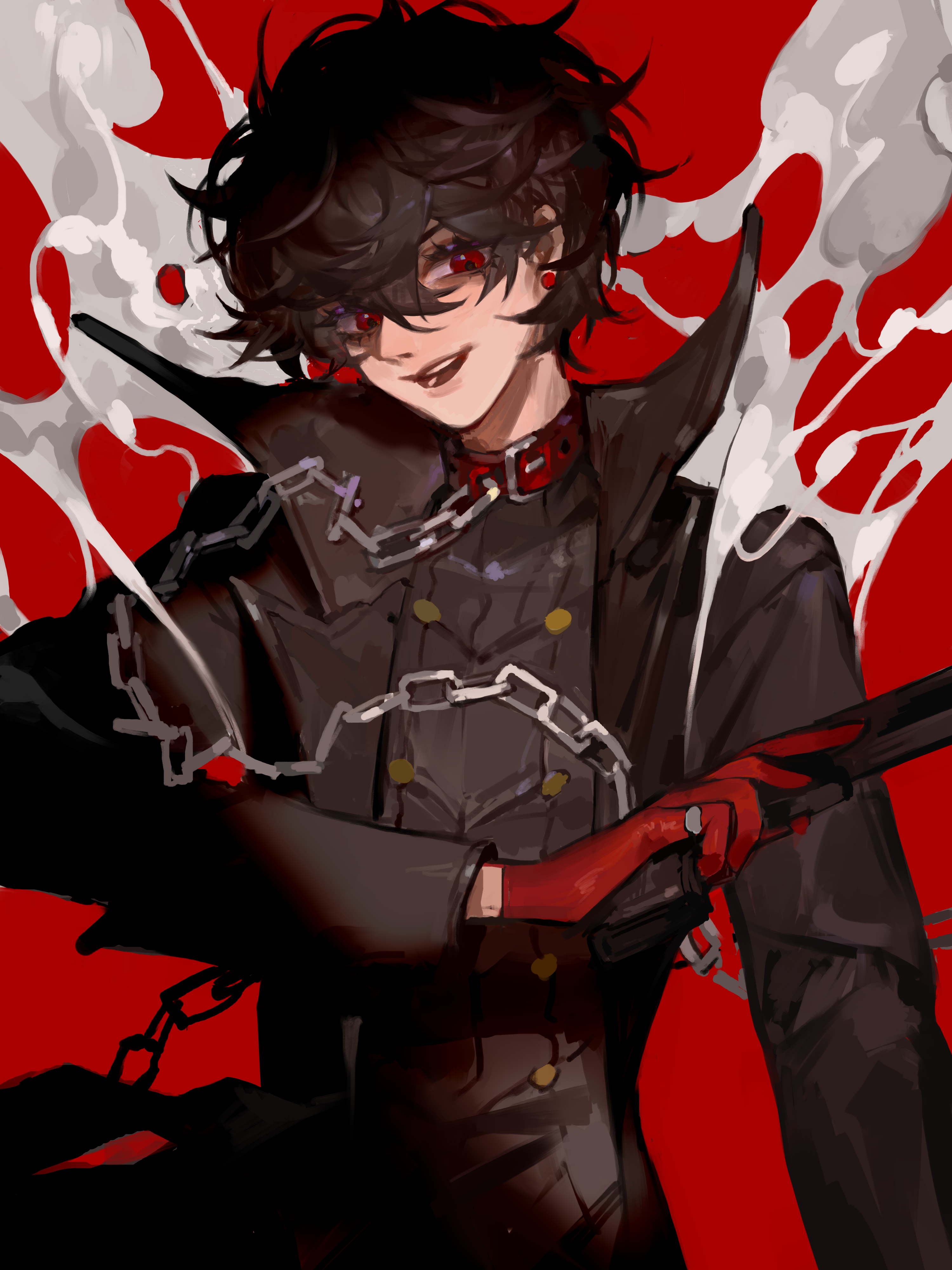 lin09, amamiya ren, persona, persona 5, absurdres, chinese commentary, commentary request, highres, 1boy, black background, black jacket, black shirt, buttons, chain, chain leash, collar, earrings, gloves, gun, hair between eyes, holding, holding gun, holding weapon, jacket, jewelry, lapels, leash, male focus, open clothes, open jacket, open mouth, red collar, red eyes, red gloves, shirt, short hair, smile, smoke, solo, stud earrings, weapon