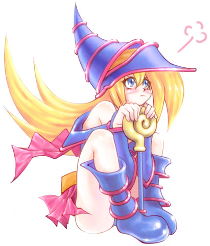 hisigata, dark magician girl, yu-gi-oh!, yu-gi-oh! duel monsters, lowres, 1girl, angry, ass, bare legs, bare shoulders, blonde hair, blue boots, blue eyes, blush, boots, cape, duel monster, female focus, hat, long hair, magical girl, pout, sitting, skirt, solo, wand, witch hat, wizard hat