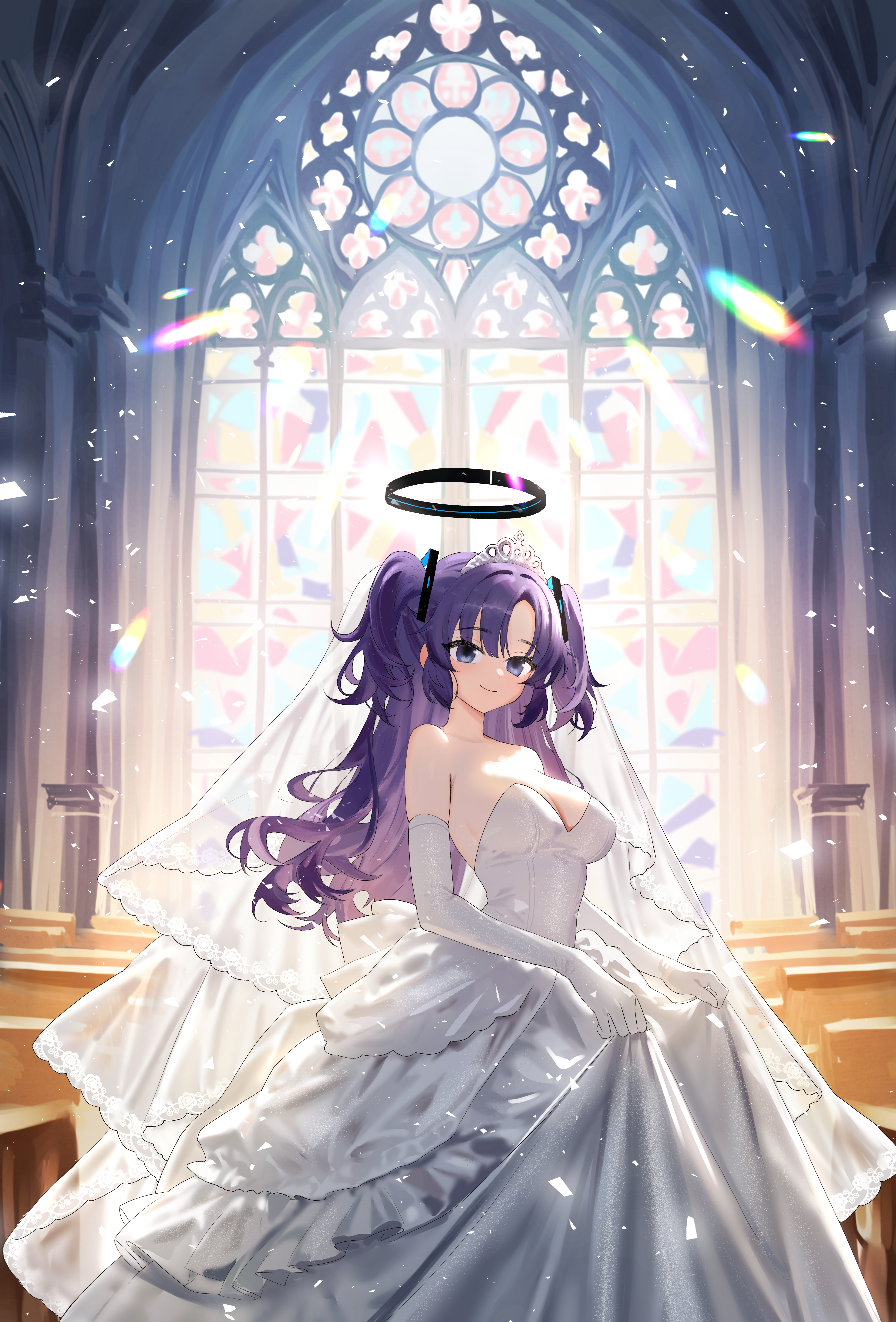 yuuka (blue archive), blue archive, absurdres, highres, 1girl, black halo, breasts, bridal veil, bride, detached sleeves, dress, halo, mechanical halo, o bbiinnn, purple hair, solo, two side up, veil, wedding, wedding dress, white dress