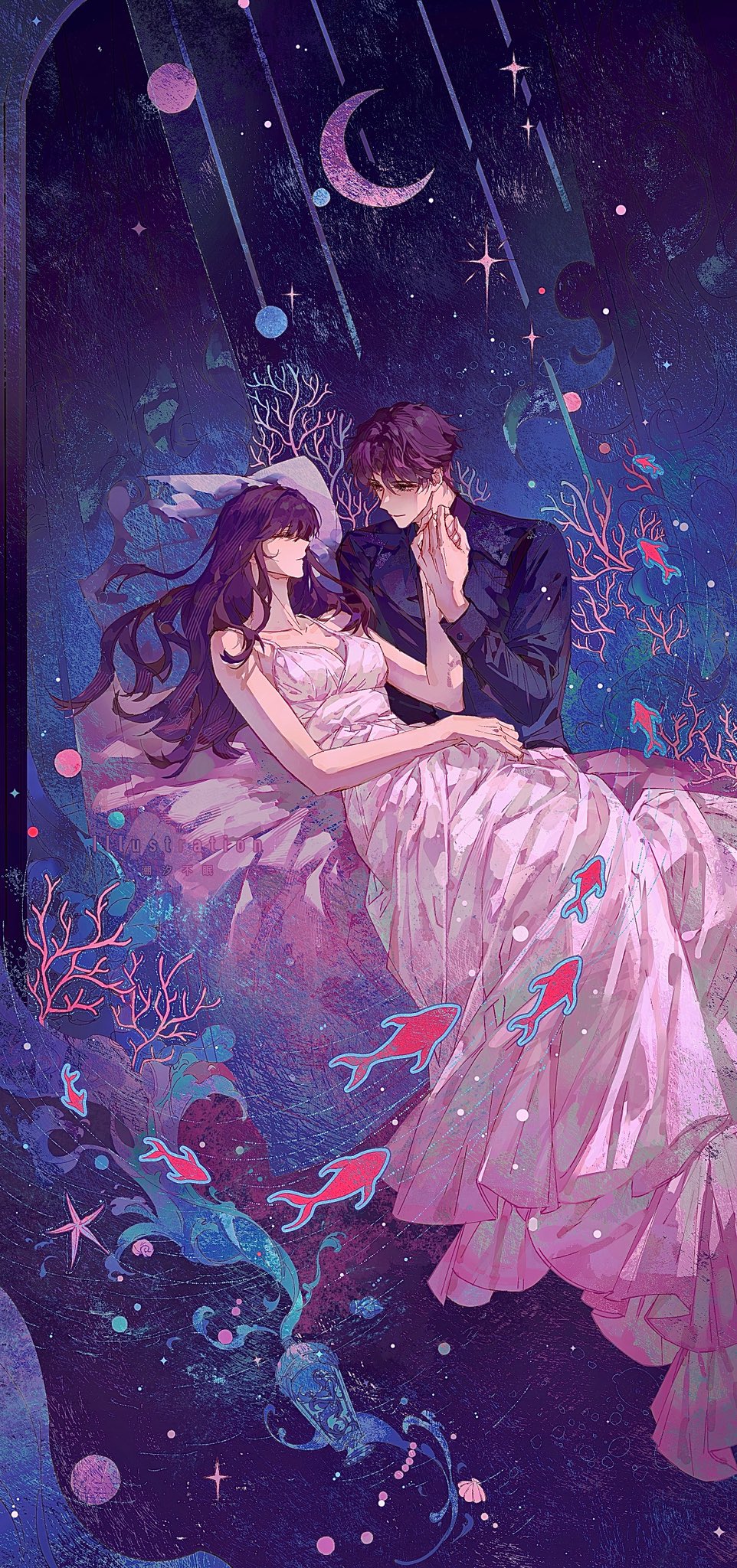 chaoxibumian, protagonist (love and deepspace), rafayel (love and deepspace), love and deepspace, commentary request, highres, 1boy, 1girl, black shirt, breasts, closed eyes, collared shirt, coral, couple, crescent moon, dress, fish, hair between eyes, hetero, holding hands, long dress, long hair, looking at another, medium breasts, moon, parted bangs, pillow, purple hair, reclining, shirt, short hair, sitting, sleeveless, sleeveless dress, starfish, white dress