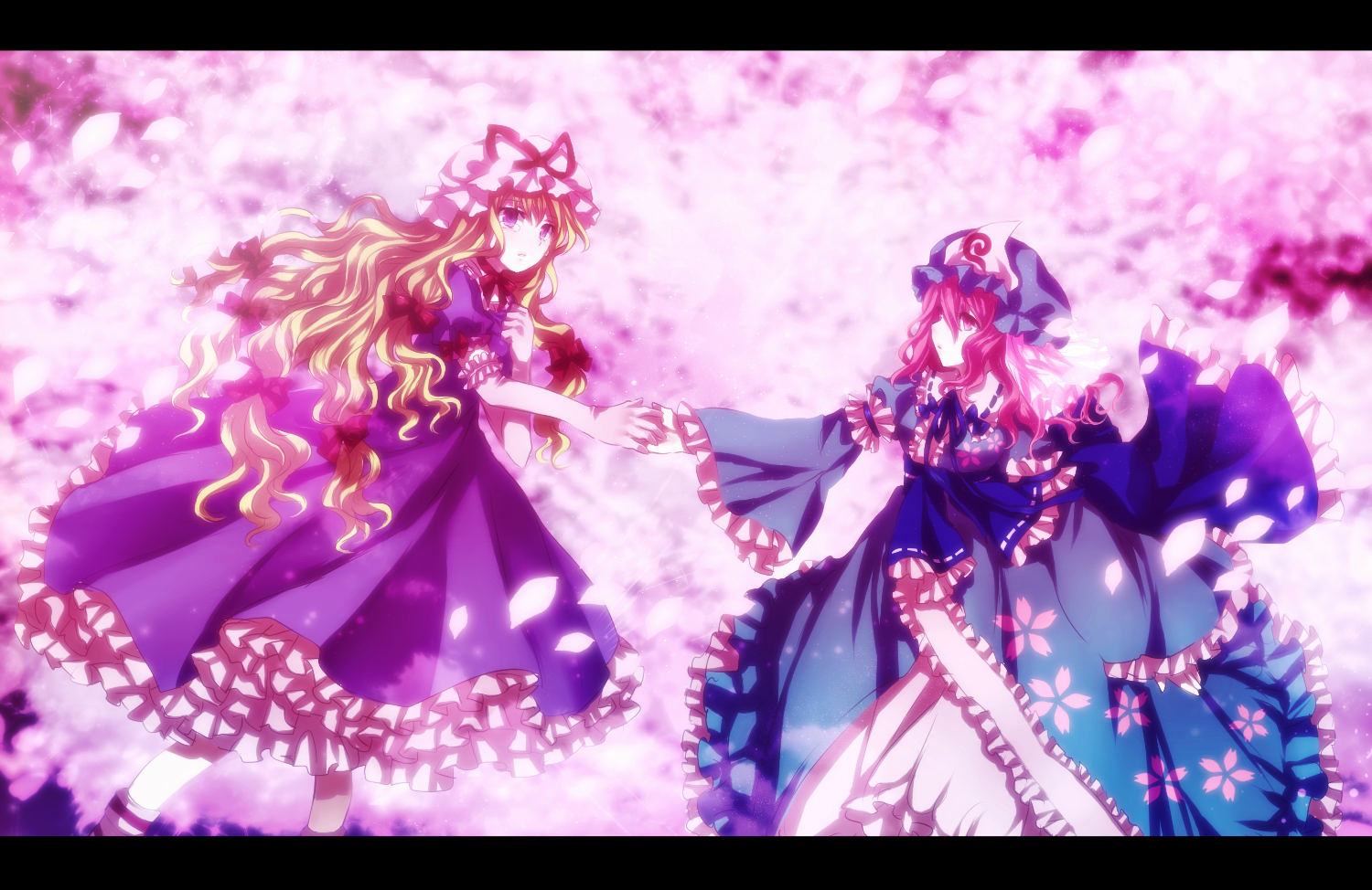 neme, saigyouji yuyuko, yakumo yukari, touhou, bad id, bad pixiv id, 2girls, blonde hair, bow, cherry blossoms, dress, elbow gloves, female focus, floral print, frilled dress, frills, gloves, hair bow, hat, holding hands, letterboxed, long hair, multiple girls, petals, pink eyes, pink hair, purple eyes, ribbon, short hair, tears