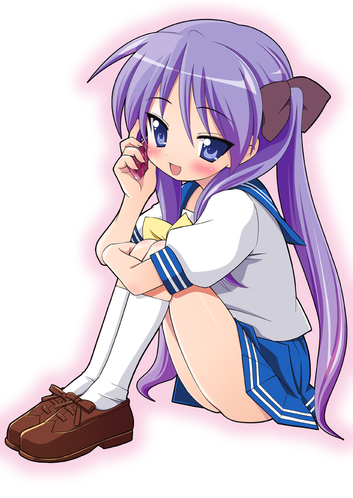 misooden, hiiragi kagami, lucky star, bad id, bad pixiv id, 00s, blue eyes, blush, cellphone, long hair, phone, purple hair, school uniform, serafuku, solo, twintails