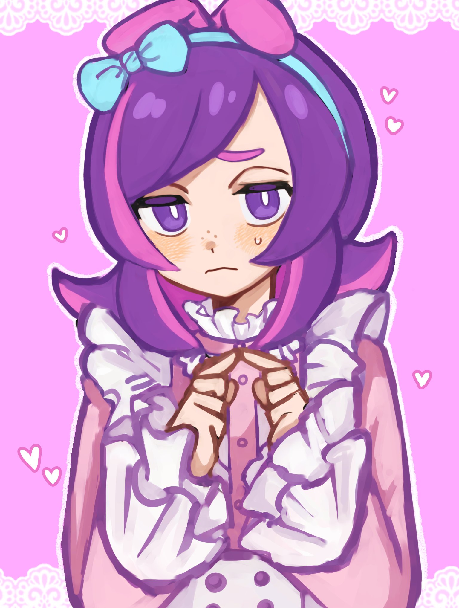 kusakabe maru, dot (pokemon), nintendo, pokemon, pokemon (anime), pokemon horizons, commentary request, highres, 1girl, blush, bright pupils, closed mouth, dress, frilled dress, frills, hair ribbon, heart, index fingers together, long sleeves, looking at viewer, nervous, pink dress, purple background, purple eyes, purple hair, ribbon, solo, straight-on, sweatdrop, upper body, white pupils