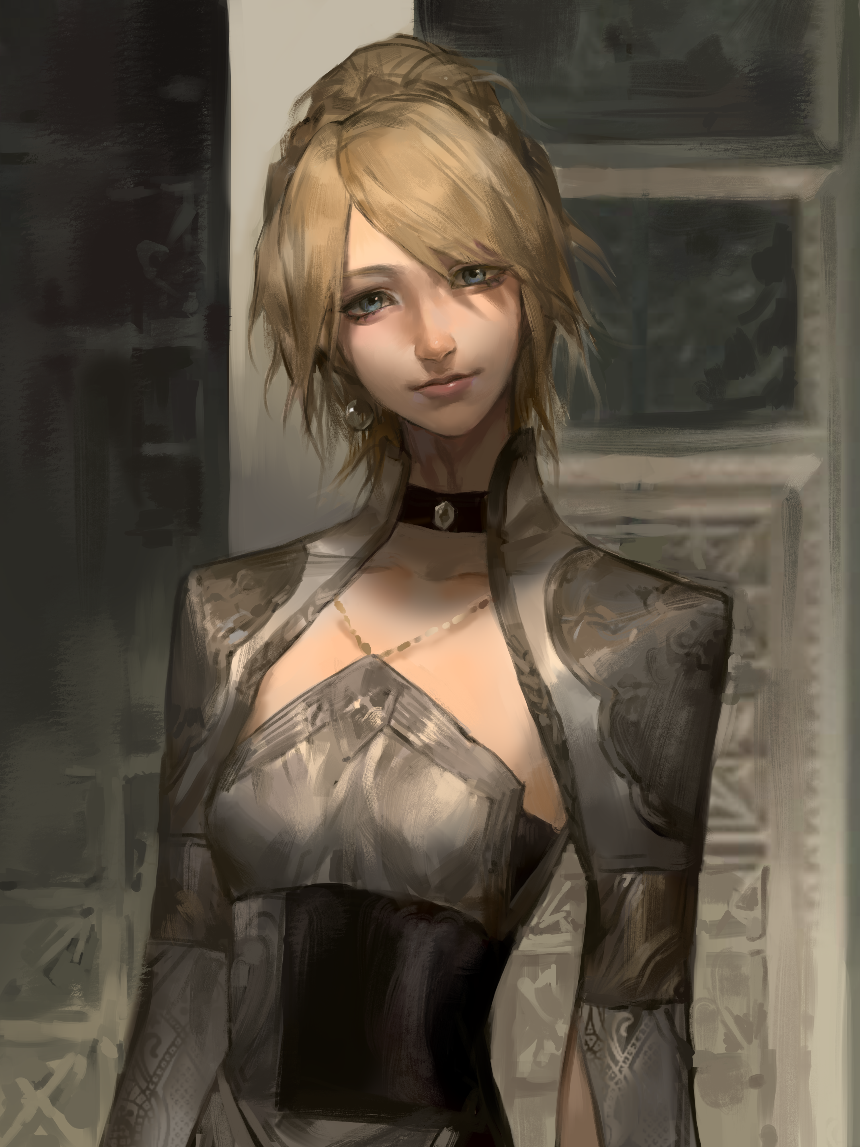 lin09, lunafreya nox fleuret, final fantasy, final fantasy xv, absurdres, chinese commentary, commentary request, highres, 1girl, black choker, blonde hair, blue eyes, braid, choker, closed mouth, collarbone, dress, earrings, grey background, grey dress, head tilt, jewelry, long sleeves, looking at viewer, ponytail, ponytail with braided base, short hair, solo, upper body