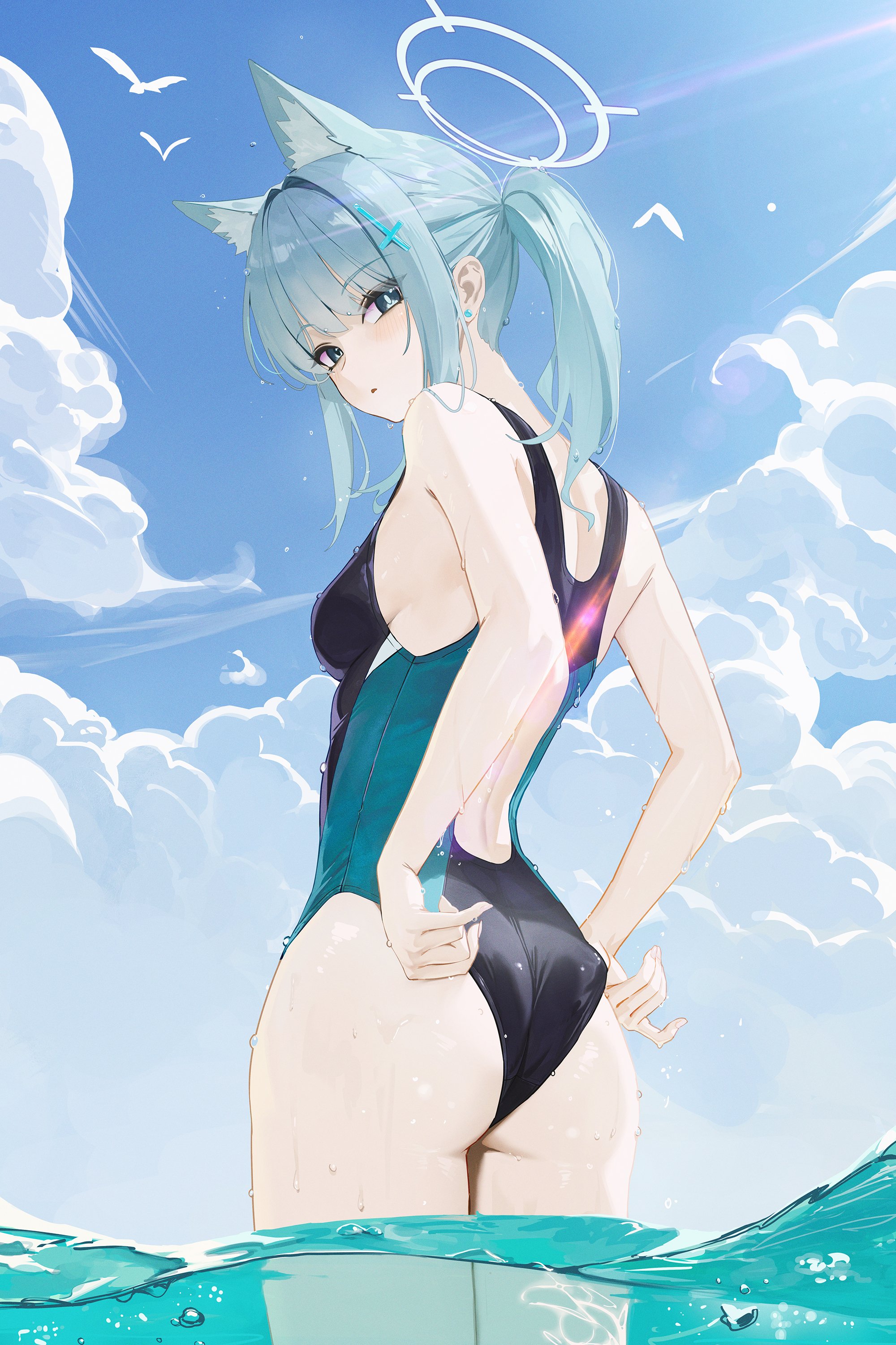 fieryonion, shiroko (blue archive), shiroko (swimsuit) (blue archive), blue archive, absurdres, commentary request, highres, korean commentary, revision, 1girl, adjusting clothes, animal ear fluff, animal ears, ass, bare arms, bare legs, bare shoulders, black one-piece swimsuit, blue eyes, blue halo, blush, breasts, cloud, cloudy sky, competition swimsuit, cowboy shot, cross hair ornament, day, extra ears, from behind, grey hair, hair ornament, halo, looking at viewer, medium hair, mismatched pupils, official alternate costume, one-piece swimsuit, open mouth, outdoors, sky, small breasts, solo, swimsuit, wading, water, wet, wet clothes, wet swimsuit, wolf ears