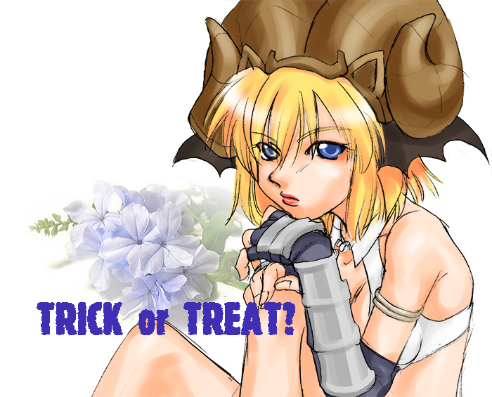 whitesmith (ragnarok online), ragnarok online, commentary request, 1girl, 2000s (style), bat wings, bikini, black gloves, black wings, blonde hair, blue eyes, brown horns, closed mouth, curled horns, fake horns, fingerless gloves, flower, gloves, grey flower, head wings, horns, lips, looking at viewer, niginigi, short hair, sitting, solo, swimsuit, trick or treat, vambraces, white background, white bikini, wings