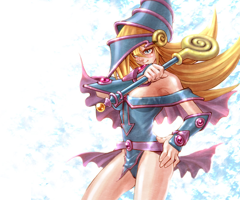 hisigata, dark magician girl, yu-gi-oh!, yu-gi-oh! duel monsters, yuu-gi-ou, 1girl, bare shoulders, blonde hair, blue eyes, breasts, choker, curvy, duel monster, female focus, hat, leotard, magical girl, skirt, solo, wand, witch hat, wizard hat