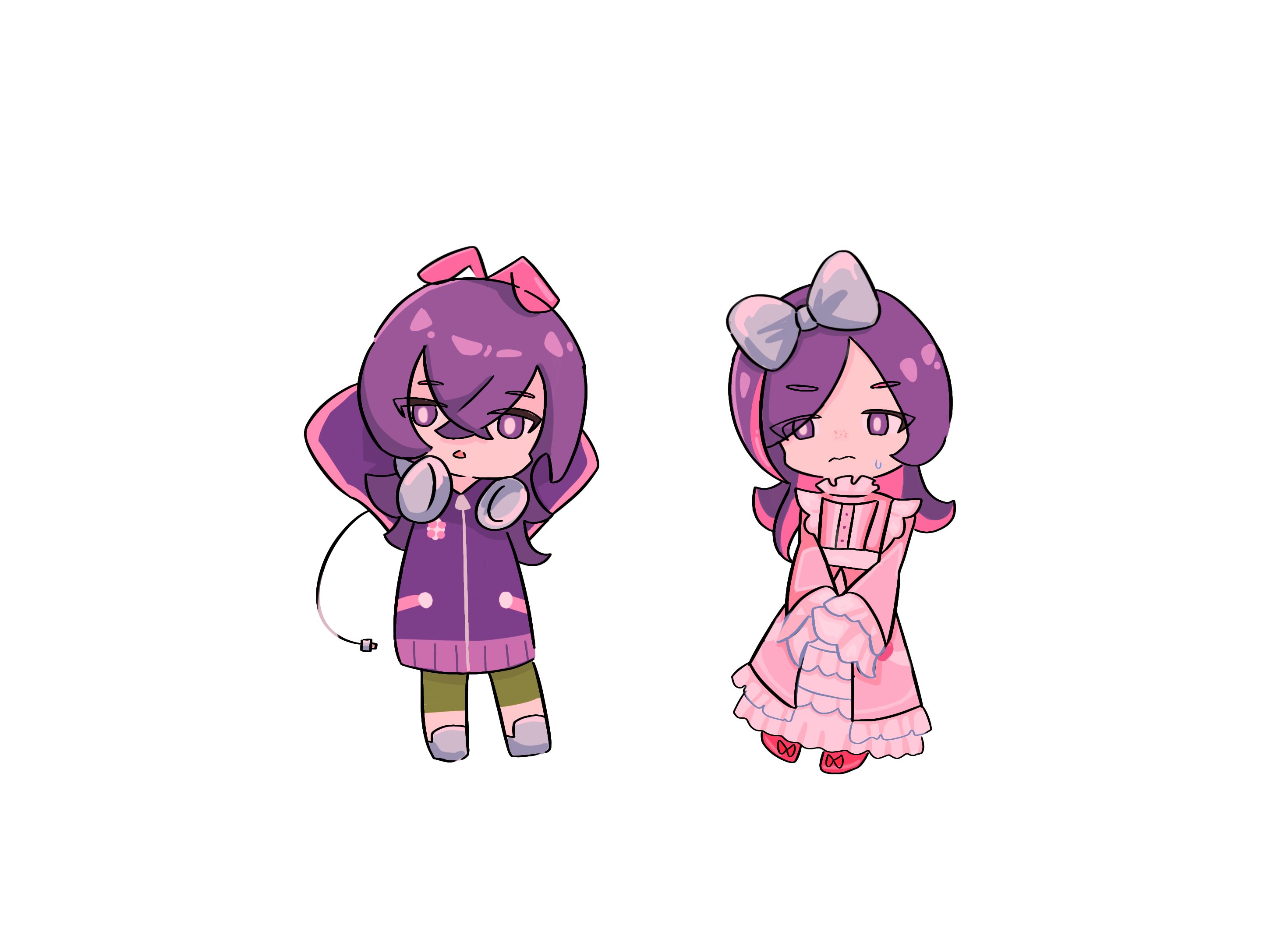 dot (pokemon), nintendo, pokemon, pokemon (anime), pokemon horizons, highres, 1girl, amethio361384, arms behind head, bright pupils, chibi, chibi only, dress, dual persona, frilled dress, frills, full body, green pants, grey shoes, hair ribbon, headphones, headphones around neck, long hair, long sleeves, pants, parted lips, pink dress, purple eyes, purple hair, purple sweater, red shoes, ribbon, shoes, sweatdrop, sweater, white background, white pupils