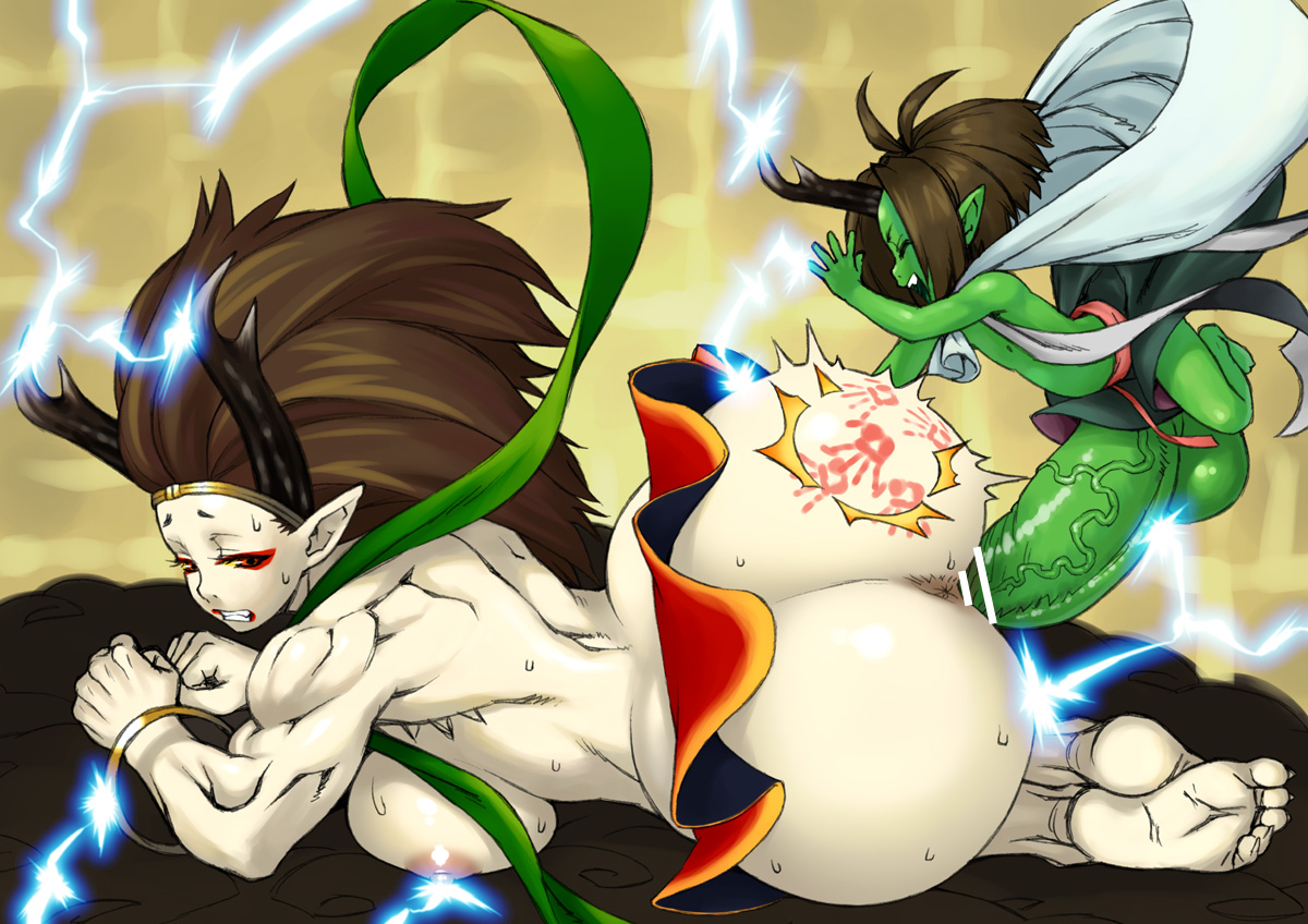 jinroku, fuujin (oboro muramasa), raijin (oboro muramasa), oboro muramasa, 1boy, 1girl, anus, arched back, ass, barefoot, breast beam, breasts, brown hair, censored, clenched teeth, closed eyes, colored skin, couple, electricity, eyeshadow, feet, from behind, giant, giantess, green skin, height difference, hetero, hikimayu, horns, huge ass, huge breasts, huge penis, lightning, long hair, lying, makeup, mini person, miniboy, monster girl, muscular, muscular female, nipples, on side, open mouth, penis, pointless censoring, sex, single horn, size difference, slapping, soles, spanked, spanking, sweat, teeth, toes, vaginal, veins, veiny penis, white background, white skin, wince