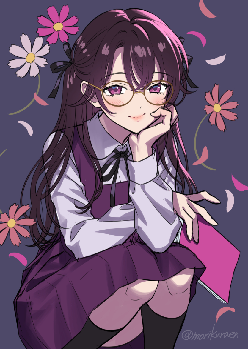 morikura en, original, commentary request, 1girl, artist name, black hair, black ribbon, black socks, book, closed mouth, collared shirt, convenient leg, dress, falling flower, falling petals, feet out of frame, flower, glasses, grey background, hair ribbon, hand on own chin, hand rest, holding, holding book, kneehighs, long hair, long sleeves, looking at viewer, neck ribbon, parted bangs, petals, pinafore dress, pink flower, pleated dress, purple dress, purple eyes, ribbon, round eyewear, school uniform, shirt, sleeveless, sleeveless dress, smile, socks, solo, white flower, white shirt, wing collar