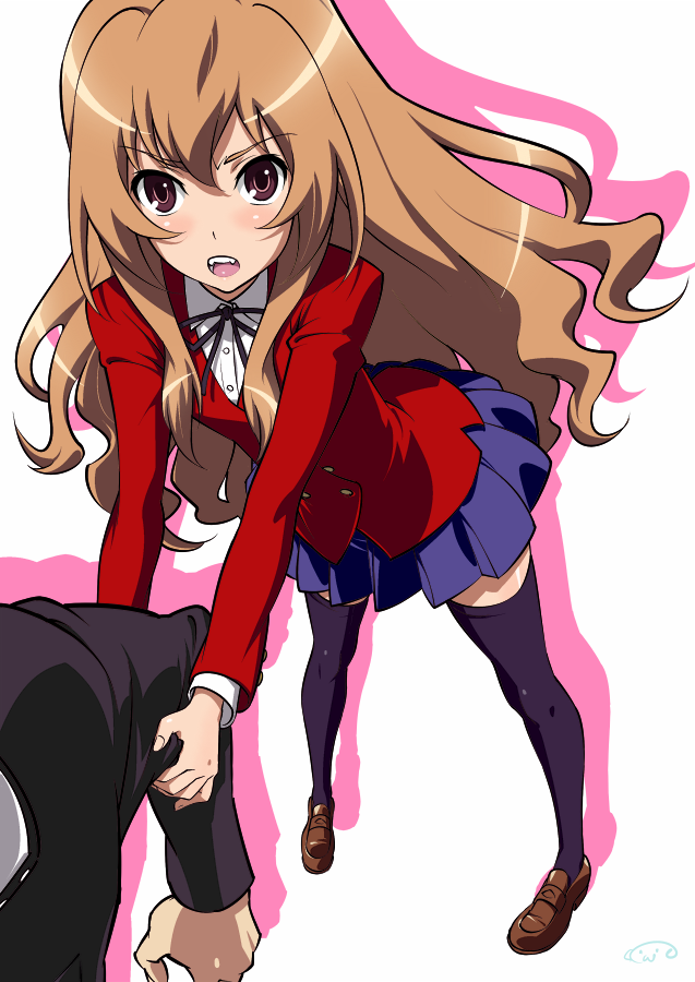 suna (sandworks), aisaka taiga, toradora!, 00s, 1girl, brown eyes, brown hair, dragging, from above, legs, long hair, looking up, school uniform, skirt, solo focus, thighhighs