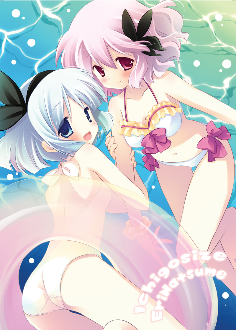 natsume eri, konpaku youmu, saigyouji yuyuko, touhou, silver hair, 2girls, :d, ass, bikini, blue eyes, female focus, flat chest, hairband, innertube, looking back, multiple girls, one-piece swimsuit, open mouth, pink eyes, pink hair, short hair, smile, swim ring, swimsuit