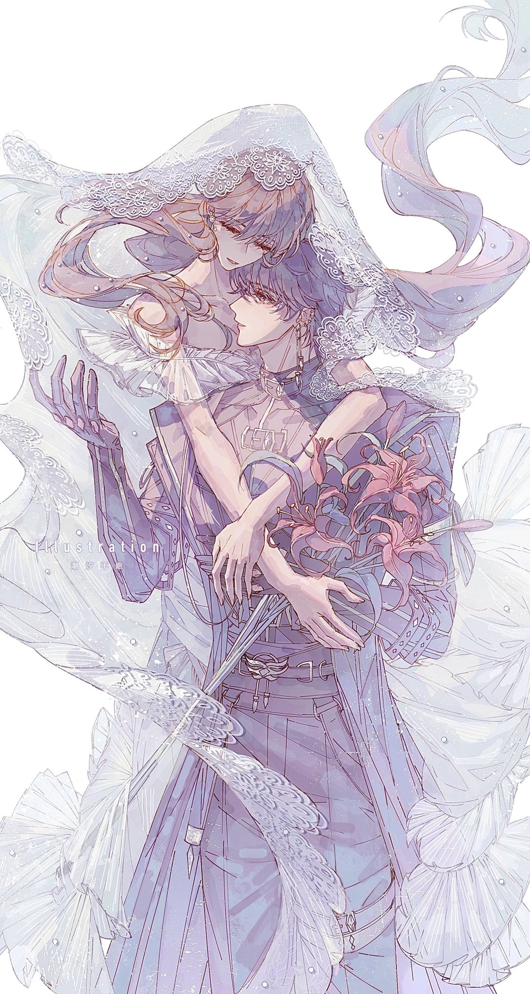 chaoxibumian, protagonist (love and deepspace), rafayel (love and deepspace), love and deepspace, commentary request, highres, 1boy, 1girl, arms around neck, black coat, black gloves, black pants, bouquet, closed eyes, coat, couple, dress, earrings, flower, gloves, hair between eyes, hetero, holding, holding bouquet, hug, hug from behind, jewelry, lily (flower), long coat, long hair, off-shoulder dress, off shoulder, pants, purple hair, red flower, short hair, veil, white background, white dress, white veil