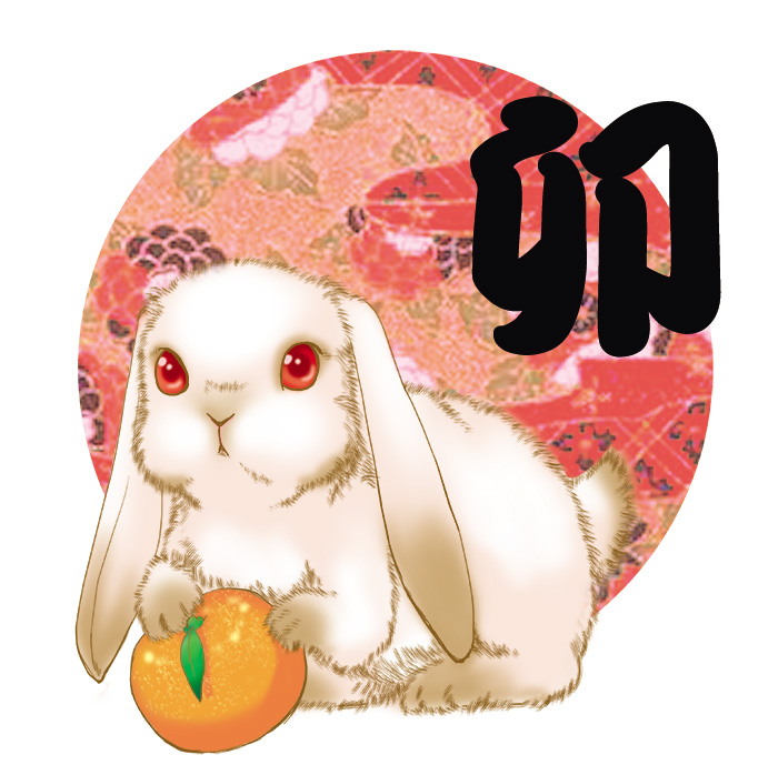 original, commentary request, animal focus, floppy ears, fluffy, food, fruit, full body, looking at viewer, mandarin orange, niginigi, no humans, rabbit, red eyes, solo, white background