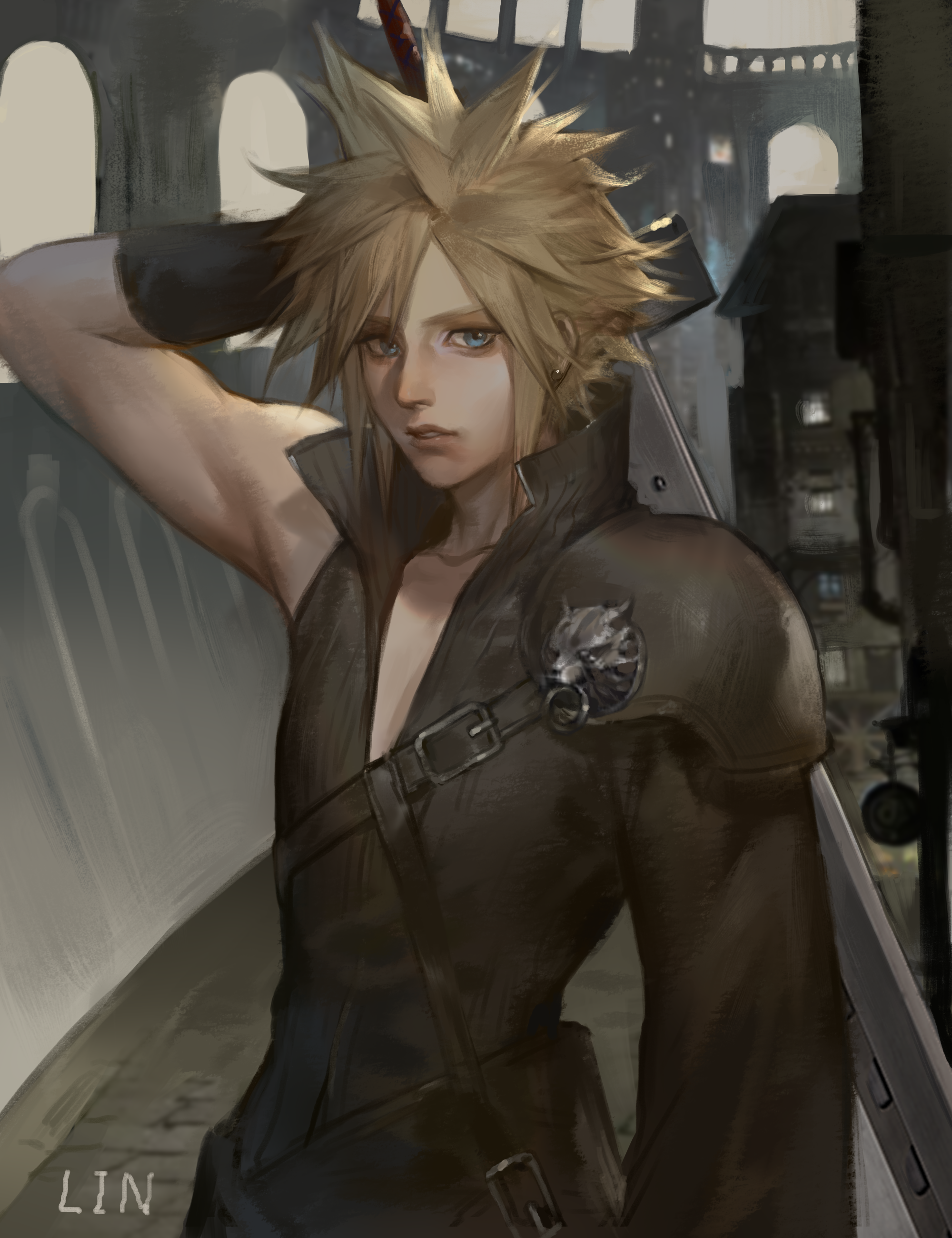 lin09, cloud strife, final fantasy, final fantasy vii, final fantasy vii: advent children, absurdres, chinese commentary, commentary request, highres, 1boy, arm behind head, black gloves, black shirt, blonde hair, blue eyes, earrings, gloves, holding, holding sword, holding weapon, jewelry, male focus, shirt, short hair, single sleeve, solo, spiked hair, stud earrings, sword, upper body, weapon