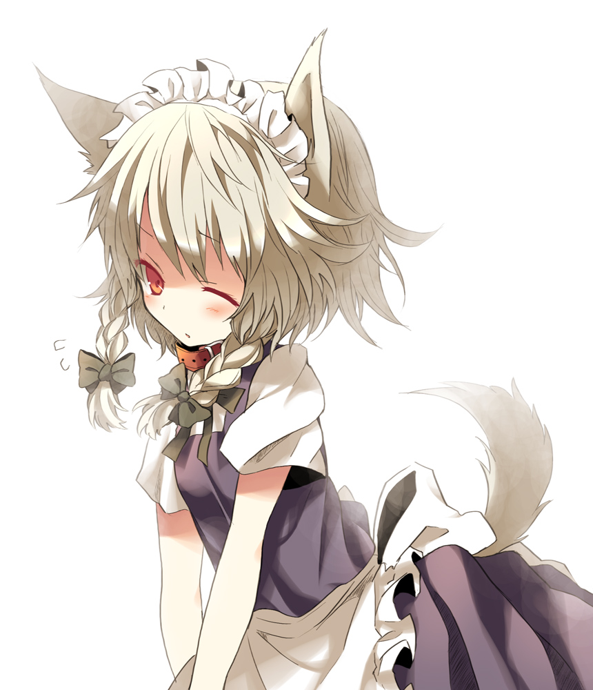 anju (meipurusanchi), anju (pixiv), miya (tsumazukanai), inu sakuya (nejikirio), izayoi sakuya, touhou, silver hair, bad id, bad pixiv id, colorized, 1girl, animal ears, apron, braid, collar, dog ears, dog tail, female focus, kemonomimi mode, maid, maid apron, maid headdress, one eye closed, orange eyes, short hair, solo, tail, twin braids, wink