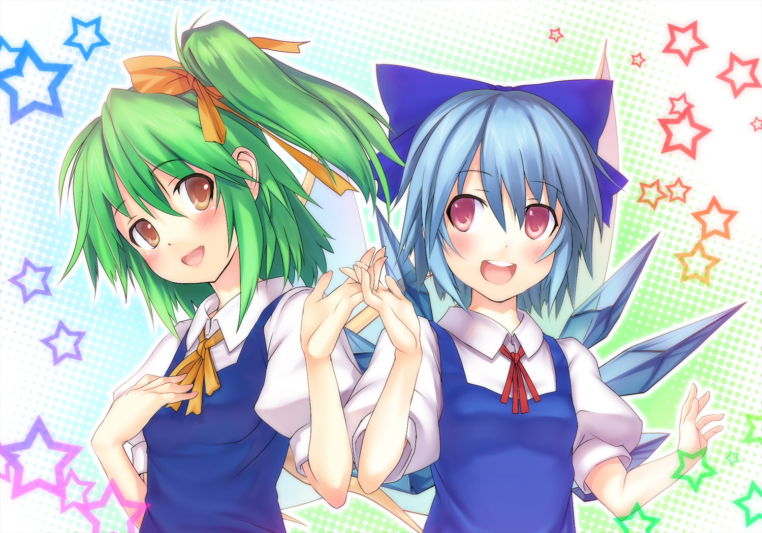 eho (icbm), cirno, daiyousei, embodiment of scarlet devil, touhou, bad id, bad pixiv id, 2girls, blue eyes, blue hair, bow, green hair, multiple girls, short hair, side ponytail, wings