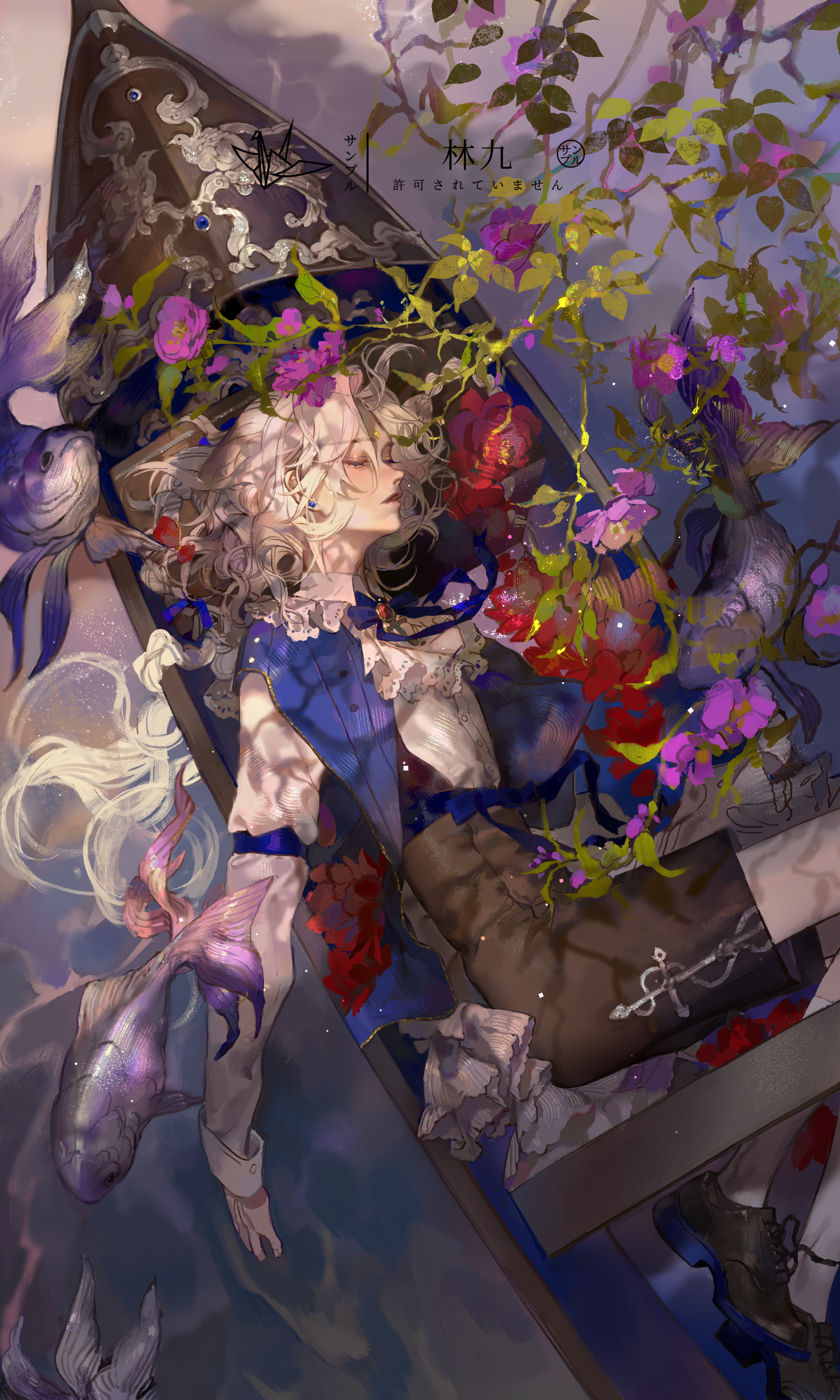 lin09, original, absurdres, commission, highres, 1girl, ascot, black shoes, black shorts, blue bow, blue ribbon, blue vest, boat, bow, brooch, closed eyes, earrings, fish, flower, from above, gold trim, hair bow, high-waist shorts, jewelry, kneehighs, long hair, long sleeves, neck ribbon, on boat, open clothes, open vest, outdoors, purple flower, ribbon, shirt, shoes, shorts, socks, solo, vest, water, watercraft, watermark, white ascot, white hair, white shirt, white socks