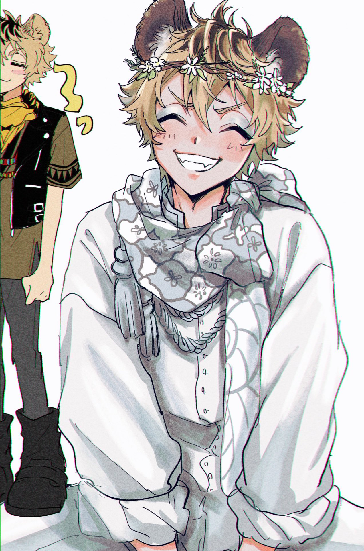 ruggie bucchi, ruggie bucchi (gala couture), twisted wonderland, commentary request, highres, 1boy, 7skk, = =, ^ ^, animal ear fluff, arms between legs, bandana, bandana around neck, black boots, black jacket, black trim, blonde hair, blush, blush stickers, boots, bow, brown shirt, closed eyes, cowlick, cropped jacket, eyeshadow, facing viewer, film grain, flower, full body, grey eyeshadow, grey pants, grey scarf, grin, head tilt, head wreath, hyena boy, hyena ears, jacket, leather, leather jacket, makeup, male focus, multicolored hair, multiple necklaces, multiple views, oversized clothes, pants, pants tucked in, print scarf, roots (hair), savanaclaw dorm uniform, scarf, scarf bow, shirt, short hair, simple background, sleeveless, sleeveless jacket, sleeves rolled up, smile, tassel, upper body, v-shaped eyebrows, white background, white flower, white pants, white shirt, yellow bandana