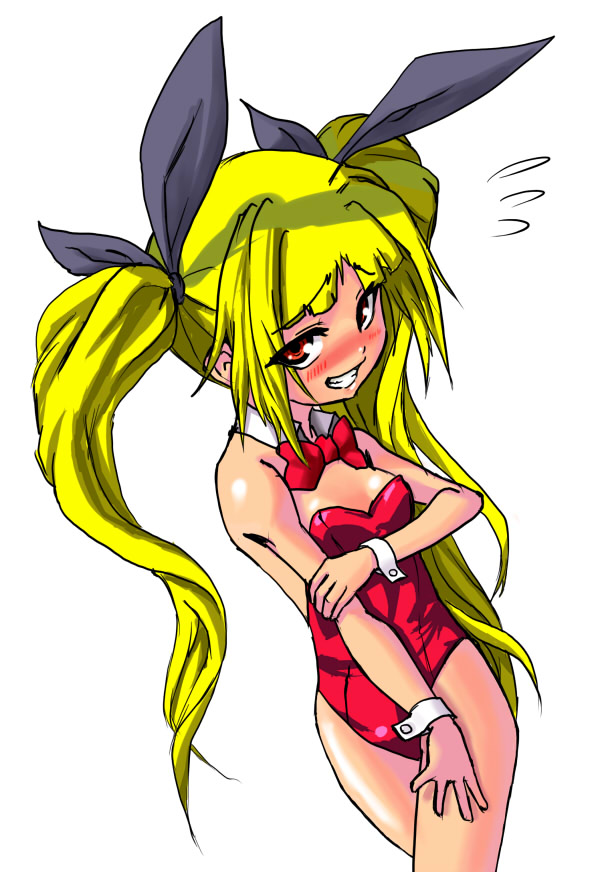 rachel alucard, arc system works, blazblue, 1girl, animal ears, bare legs, blonde hair, blush, bow, bowtie, covering privates, fake animal ears, female focus, grin, long hair, playboy bunny, rabbit ears, red eyes, ribbon, smile, solo, twintails, very long hair