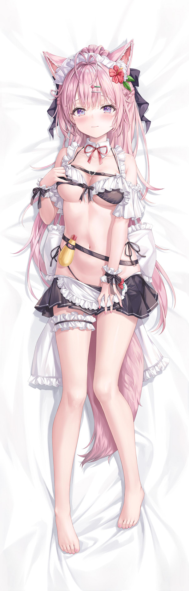 zi yue liuli, hakui koyori, hololive, commentary request, highres, 1girl, animal ears, bikini, black bikini, breasts, cleavage, large breasts, looking at viewer, maid, pink hair, purple eyes, solo, swimsuit, tail, virtual youtuber, wolf ears, wolf tail