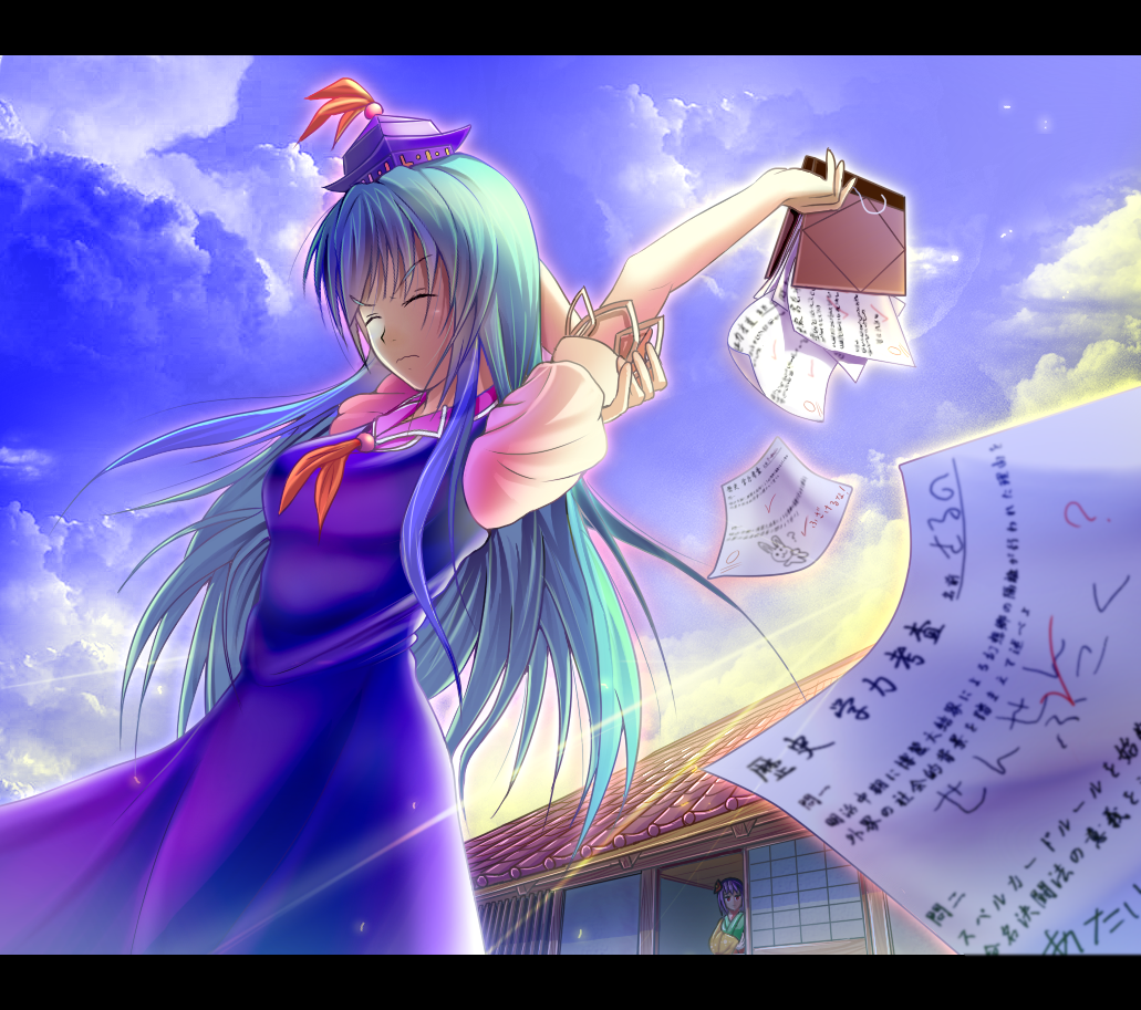 hinami (hinatamizu), hieda no akyuu, kamishirasawa keine, touhou, bad id, bad pixiv id, 2girls, blue hair, book, female focus, flower, flying paper, hair flower, hair ornament, hat, japanese clothes, letterboxed, long hair, multiple girls, paper, purple hair, short hair, stretching, sunset, wavy mouth