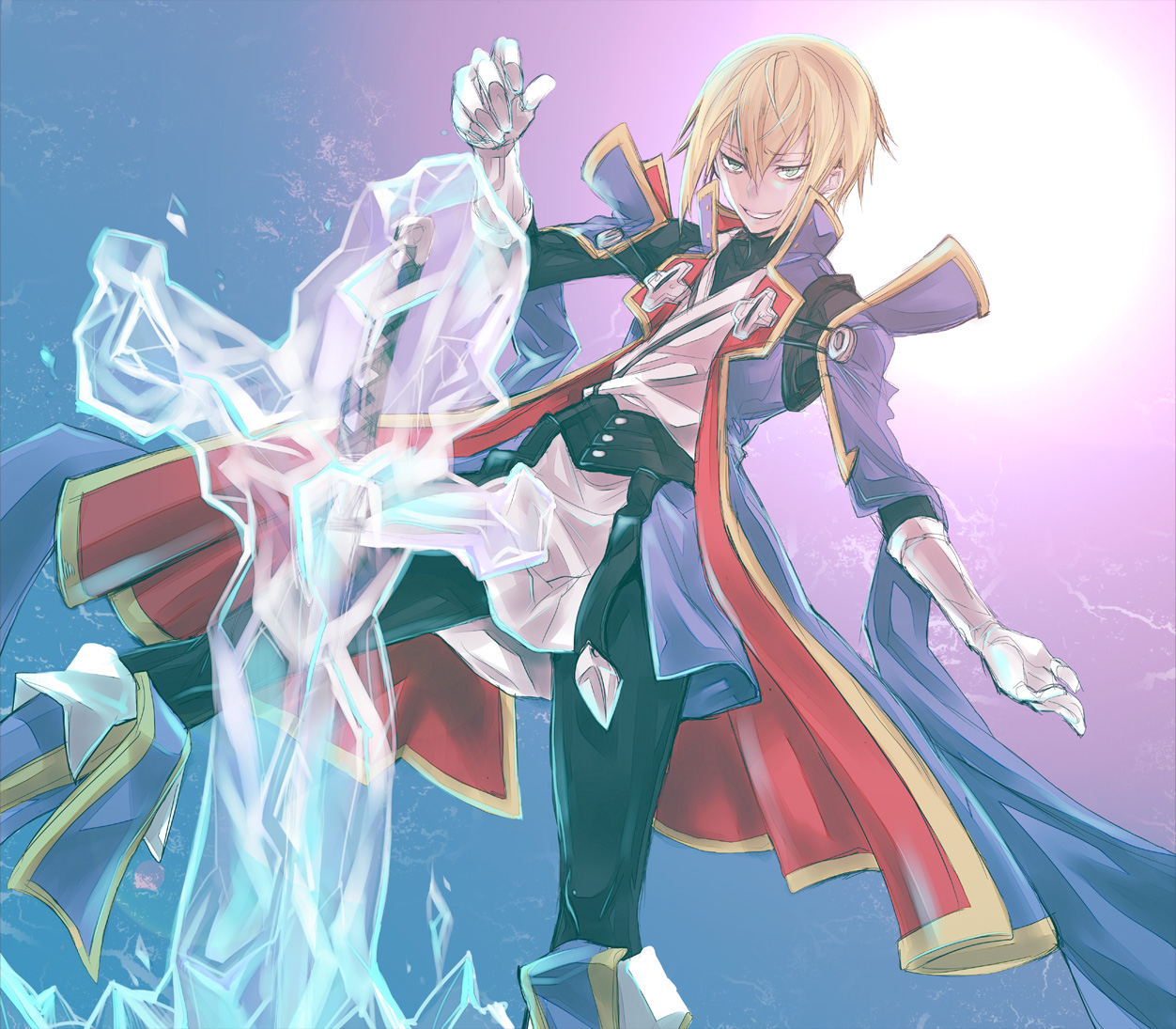 sume, sumeshi (ambivalince), kisaragi jin, arc system works, blazblue, blazblue: calamity trigger, uniform, bad id, bad pixiv id, 1boy, blonde hair, gloves, green eyes, grin, ice, male focus, smile, solo, sword, weapon, yukianesa