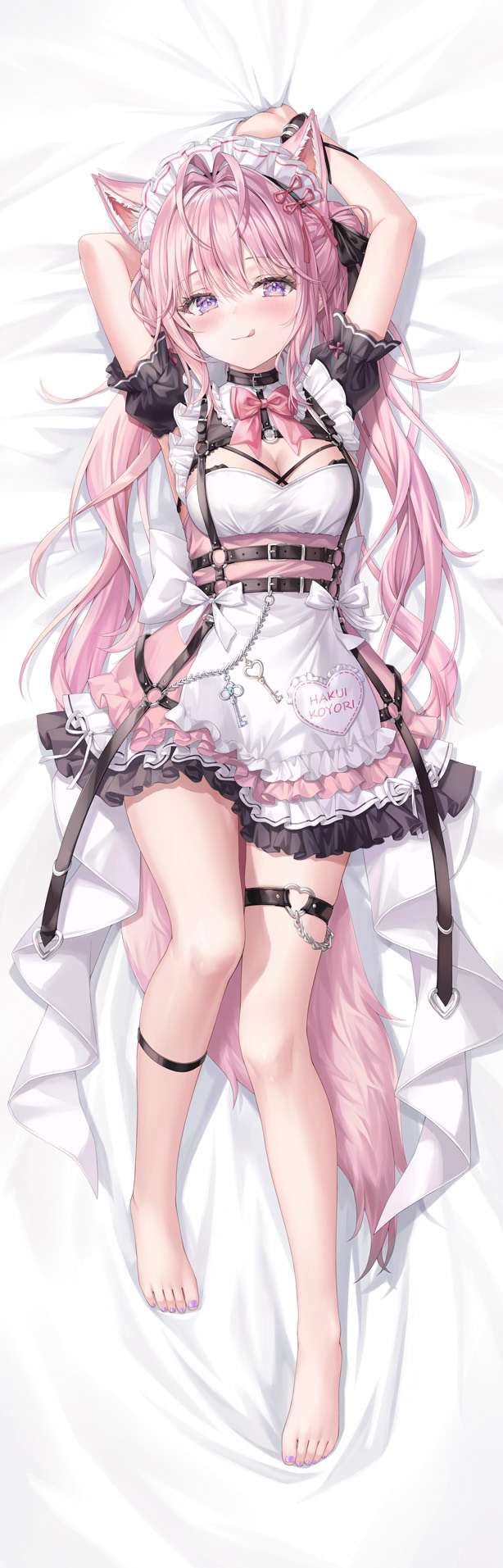 zi yue liuli, hakui koyori, hakui koyori (dark maid), hololive, commentary request, highres, 1girl, ahoge, animal ears, apron, barefoot, bed sheet, blush, breasts, character name, cleavage, cleavage cutout, clothing cutout, dakimakura (medium), frilled skirt, frilled sleeves, frills, large breasts, long hair, looking at viewer, lying, maid, maid apron, maid headdress, official alternate costume, on back, pink hair, puffy short sleeves, puffy sleeves, purple nails, short sleeves, sidelocks, skirt, tail, tongue, tongue out, twintails, virtual youtuber, wolf ears, wolf tail