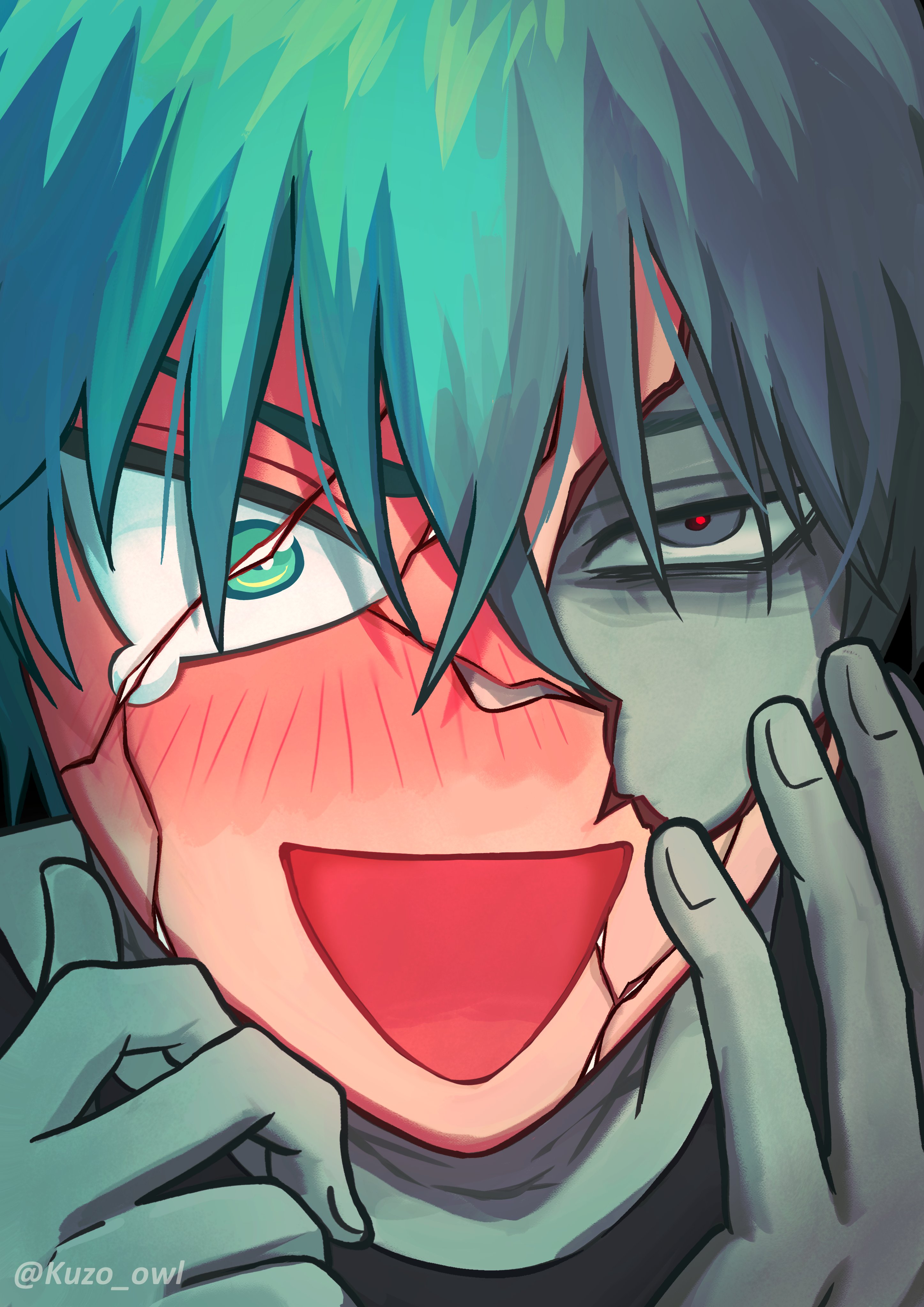 kuzo owl, till (alien stage), alien stage, absurdres, highres, 1boy, arms up, black shirt, blue hair, blush, broken mask, cracked kawaii mask, cracked mask, crew neck, grey eyes, looking at viewer, male focus, mask, mismatched eyes, open mouth, shirt, short hair, solo, t-shirt, triangle mouth, twitter username, wide-eyed