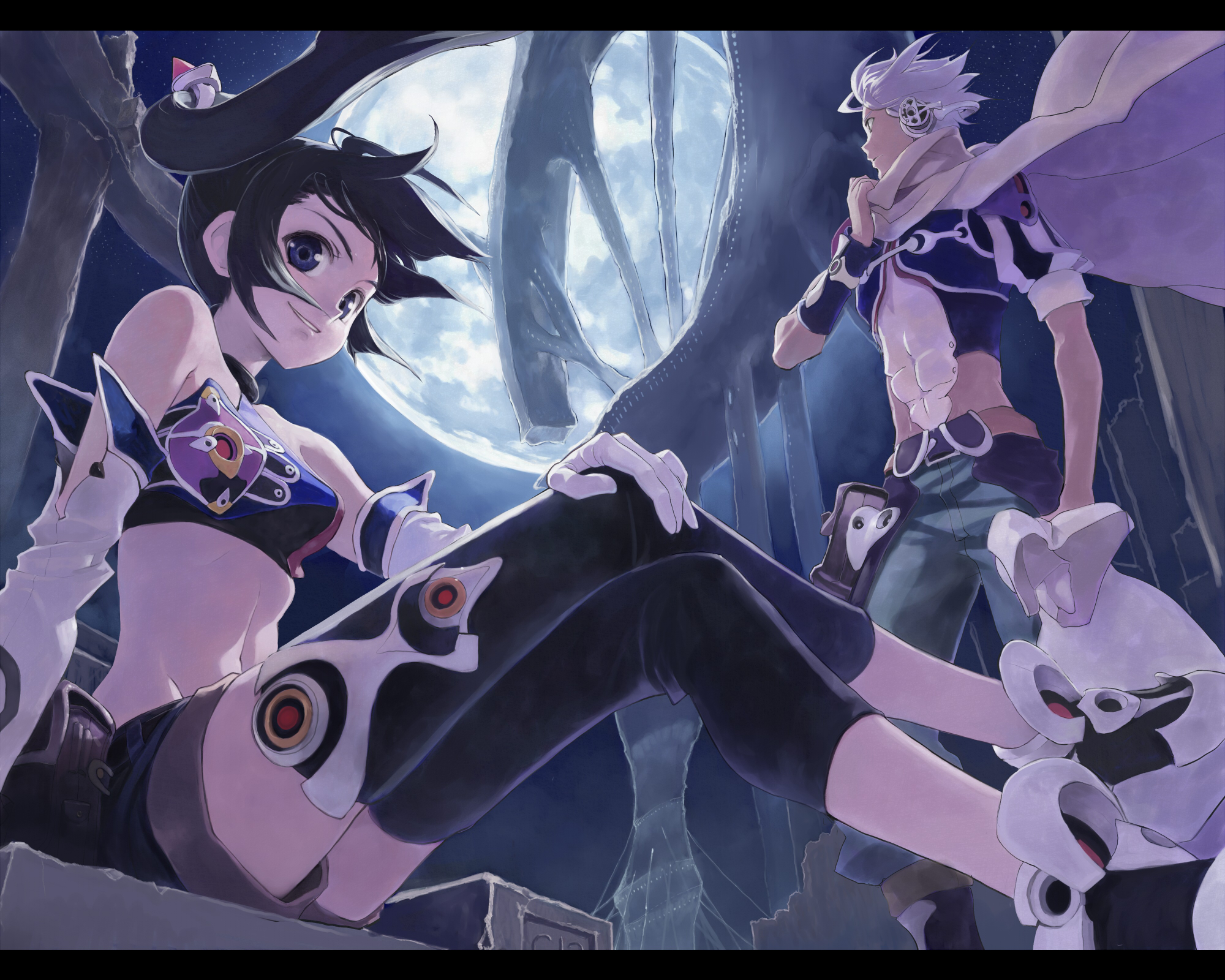 bob (biyonbiyon), original, highres, bare shoulders, black hair, crossed legs, detached sleeves, grin, letterboxed, midriff, navel, shorts, sitting, smile, thighhighs