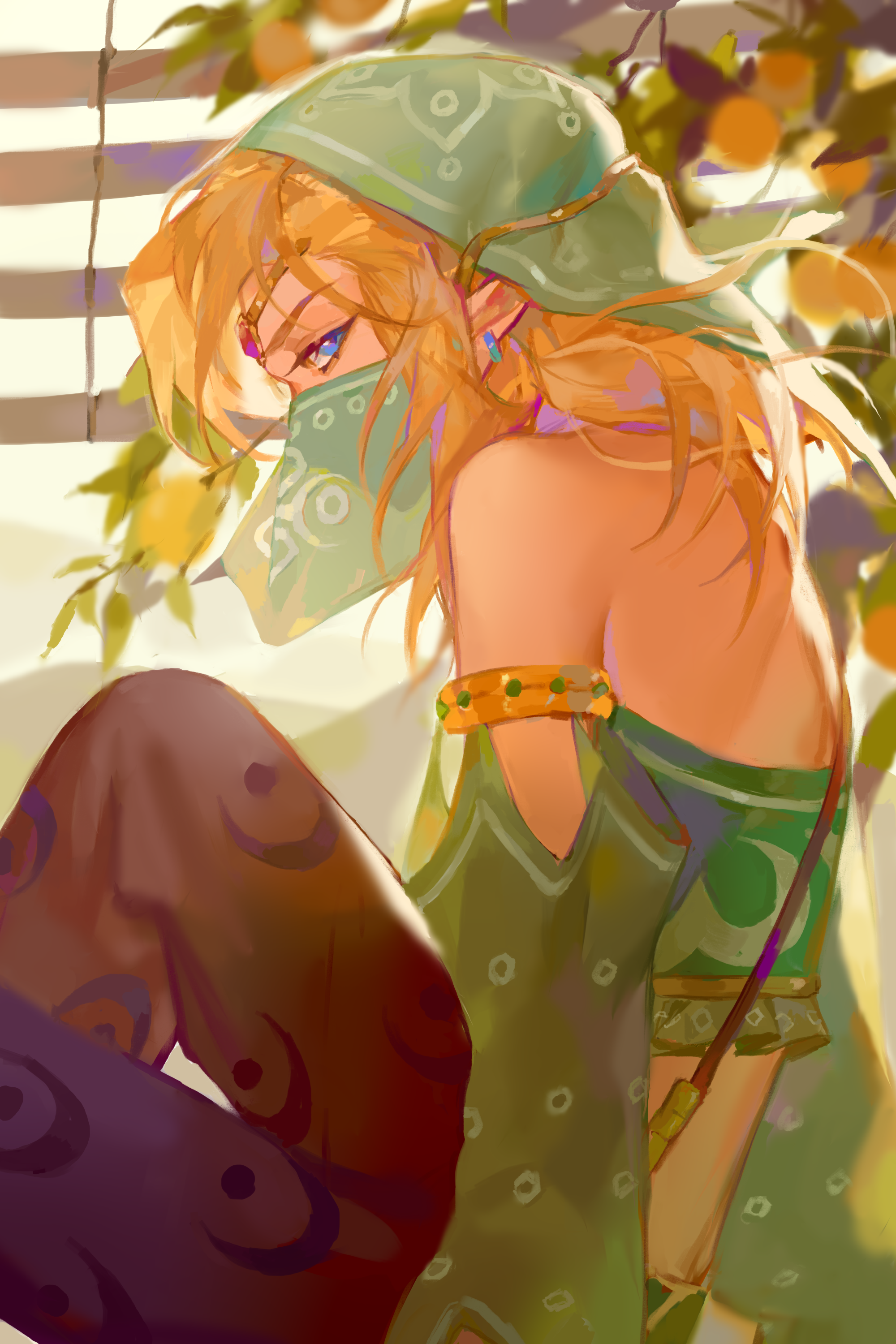 lin09, link, nintendo, the legend of zelda, the legend of zelda: breath of the wild, absurdres, highres, 1boy, arabian clothes, bandeau, black pants, blonde hair, blue eyes, covered mouth, detached sleeves, earrings, food, forehead jewel, frilled bandeau, fruit, gerudo set (zelda), green bandeau, green sleeves, green veil, jewelry, long hair, male focus, mouth veil, pants, plant, sitting, solo, veil