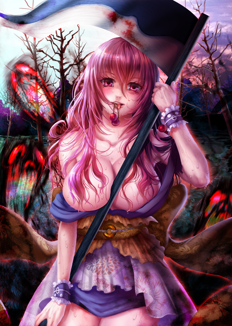 inuboe, onozuka komachi, touhou, bad id, bad pixiv id, 1girl, blood, breasts, cleavage, female focus, ghost, hair censor, hair down, hair over breasts, japanese clothes, kimono, kimono pull, long hair, mouth hold, pink eyes, pink hair, red eyes, red hair, scythe, sexually suggestive, solo, sweat, wrist cuffs