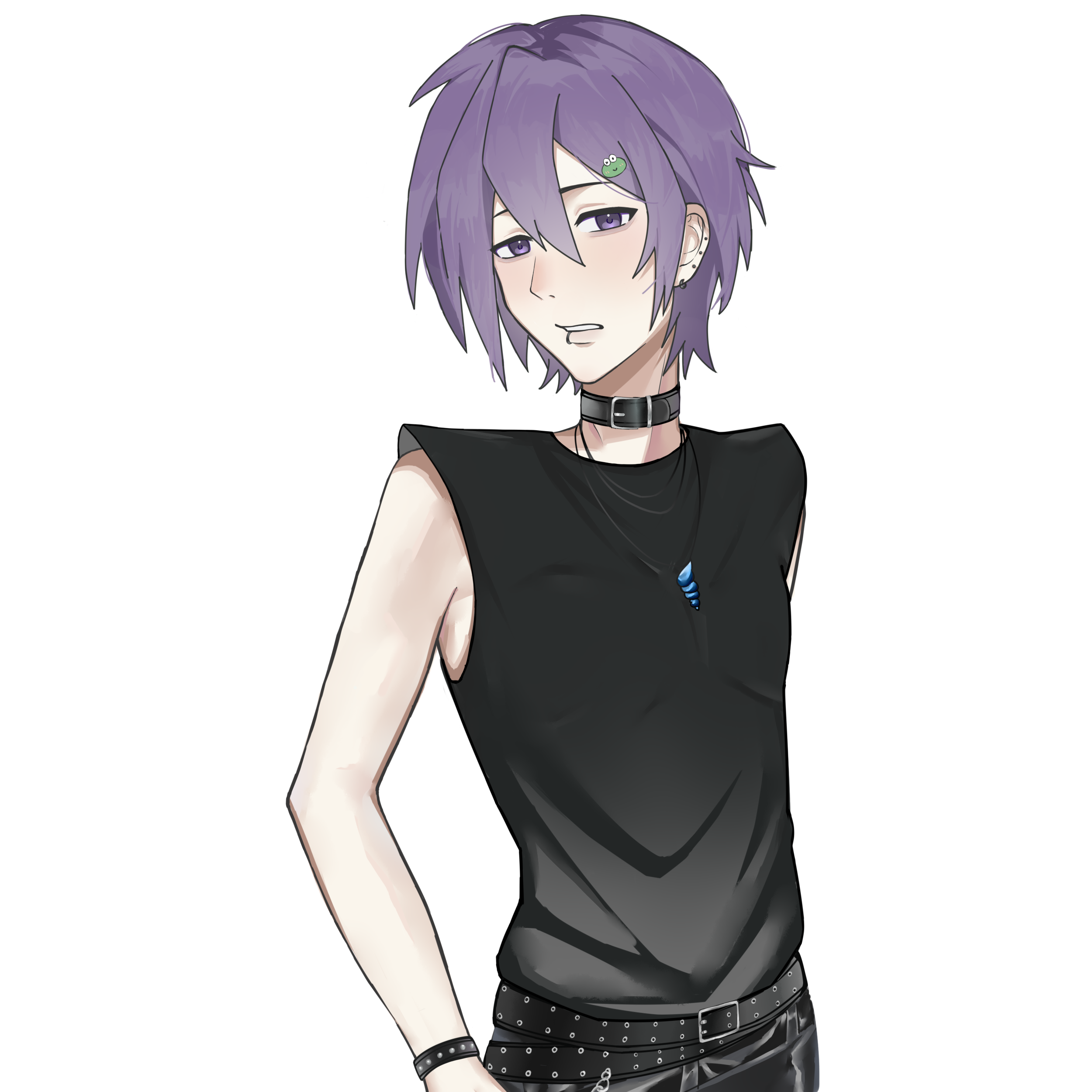 sebastian (stardew valley), stardew valley, absurdres, chinese commentary, commentary request, highres, 1boy, bare shoulders, belt, belt buckle, belt collar, black belt, black pants, black shirt, bracelet, buckle, collar, covered pectorals, cowboy shot, ear piercing, expressionless, frog hair ornament, hair between eyes, hair ornament, hairclip, hand on own hip, jewelry, leather, leather pants, lips, male focus, multiple piercings, necklace, nostrils, pants, parted lips, pectorals, pendant, piercing, pointy nose, purple eyes, purple hair, riliing, shell, shell necklace, shirt, short hair, simple background, sleeveless, sleeveless shirt, solo, standing, stud piercings, studded belt, studded bracelet, teeth, tight clothes, tight shirt, white background