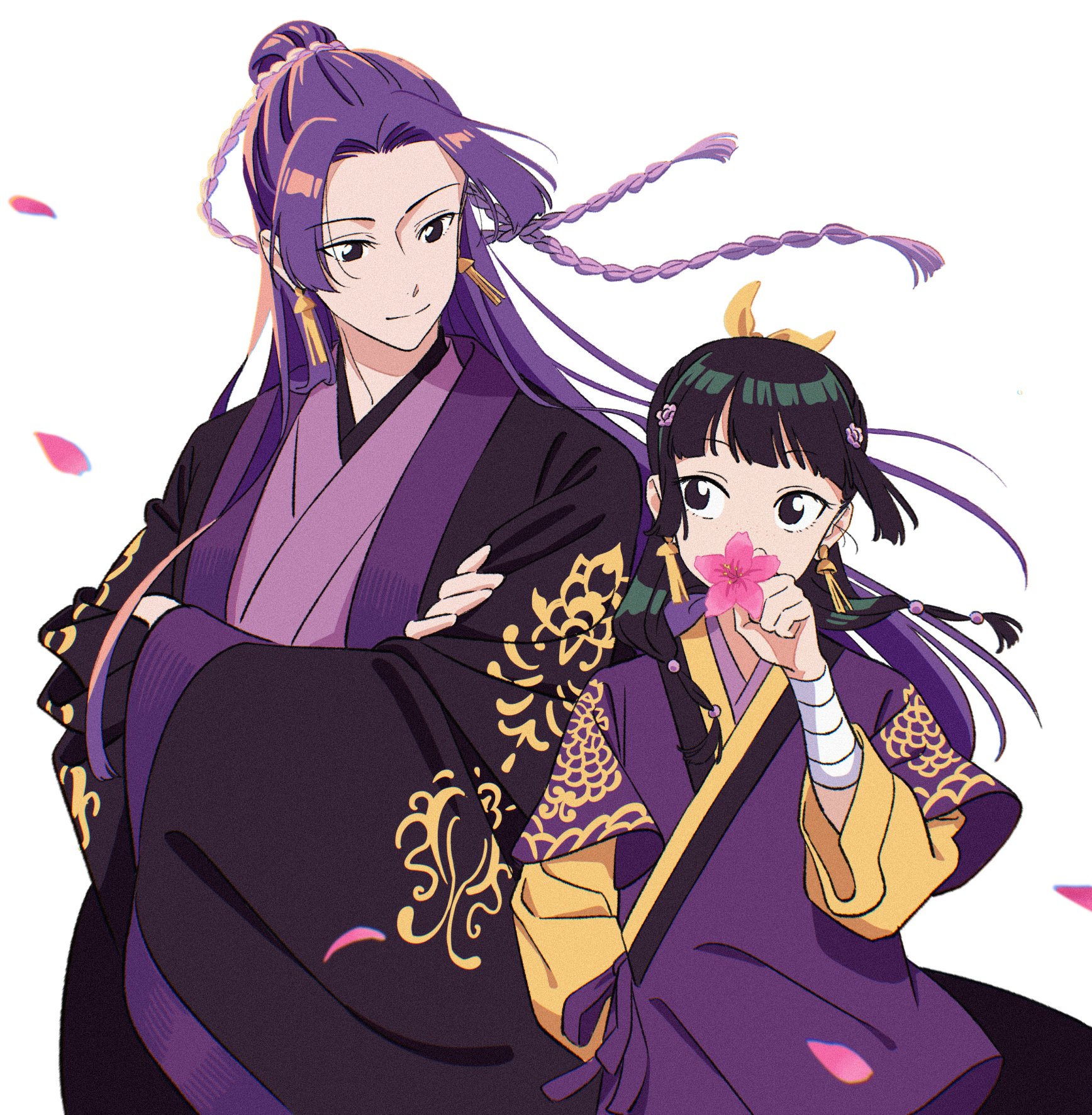 dangomochi2, jinshi (kusuriya no hitorigoto), maomao (kusuriya no hitorigoto), kusuriya no hitorigoto, commentary request, highres, 1boy, 1girl, beads, blunt bangs, chinese clothes, closed mouth, crossed arms, earrings, falling petals, flower, flower over mouth, hair beads, hair bun, hair ornament, hair ribbon, half updo, holding, holding flower, jewelry, light smile, long hair, looking at another, parted bangs, petals, pink petals, purple robe, ribbon, robe, sidelocks, tassel, tassel earrings, upper body, white background, yellow ribbon
