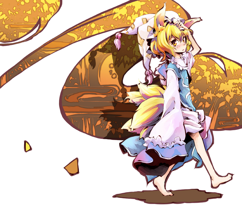 dain, yakumo ran, touhou, bad id, bad pixiv id, 1girl, aged down, animal ears, animal hat, barefoot, female focus, fox ears, fox tail, hat, long sleeves, looking at viewer, mob cap, multiple tails, short hair, sleeves past wrists, solo, tail, tassel, white background, wide sleeves