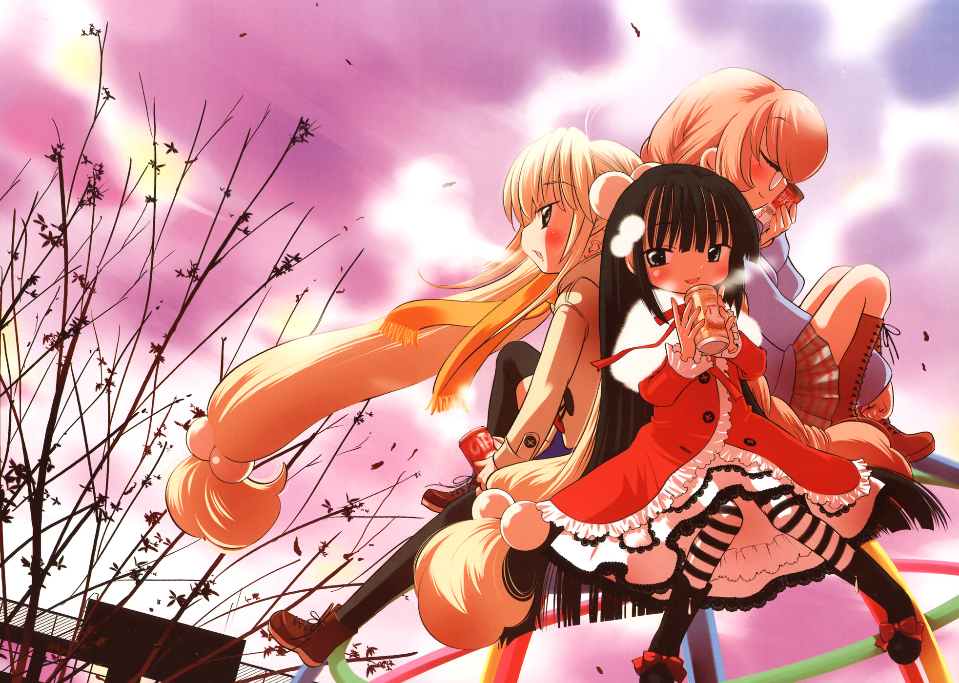 watashiya kaworu, kagami kuro, kokonoe rin, usa mimi, kodomo no jikan, highres, official art, 00s, 3girls, black hair, blonde hair, boots, brown hair, child, full body, hair bobbles, hair ornament, lace-up boots, long hair, multiple girls, pantyhose, plaid clothes, plaid skirt, skirt, sphere hair ornament, striped clothes, striped thighhighs, thighhighs, very long hair