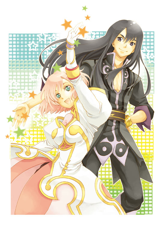 estellise sidos heurassein, yuri lowell, tales of (series), tales of vesperia, 00s, 1boy, 1girl, bare shoulders, black eyes, black hair, border, bracelet, breasts, gloves, green eyes, hand on own hip, happy, jewelry, long hair, medium breasts, outside border, pink hair, short hair, smile, star (symbol), white border, white gloves